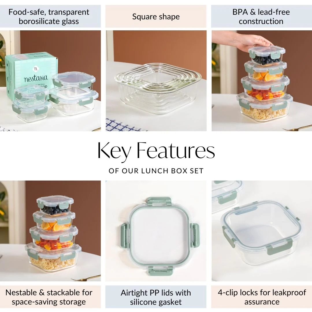 Nestro Airtight Food Storage Square Container Set Of 4 Green S 300ml M 500ml L 800ml XL 1200ml - Image 5