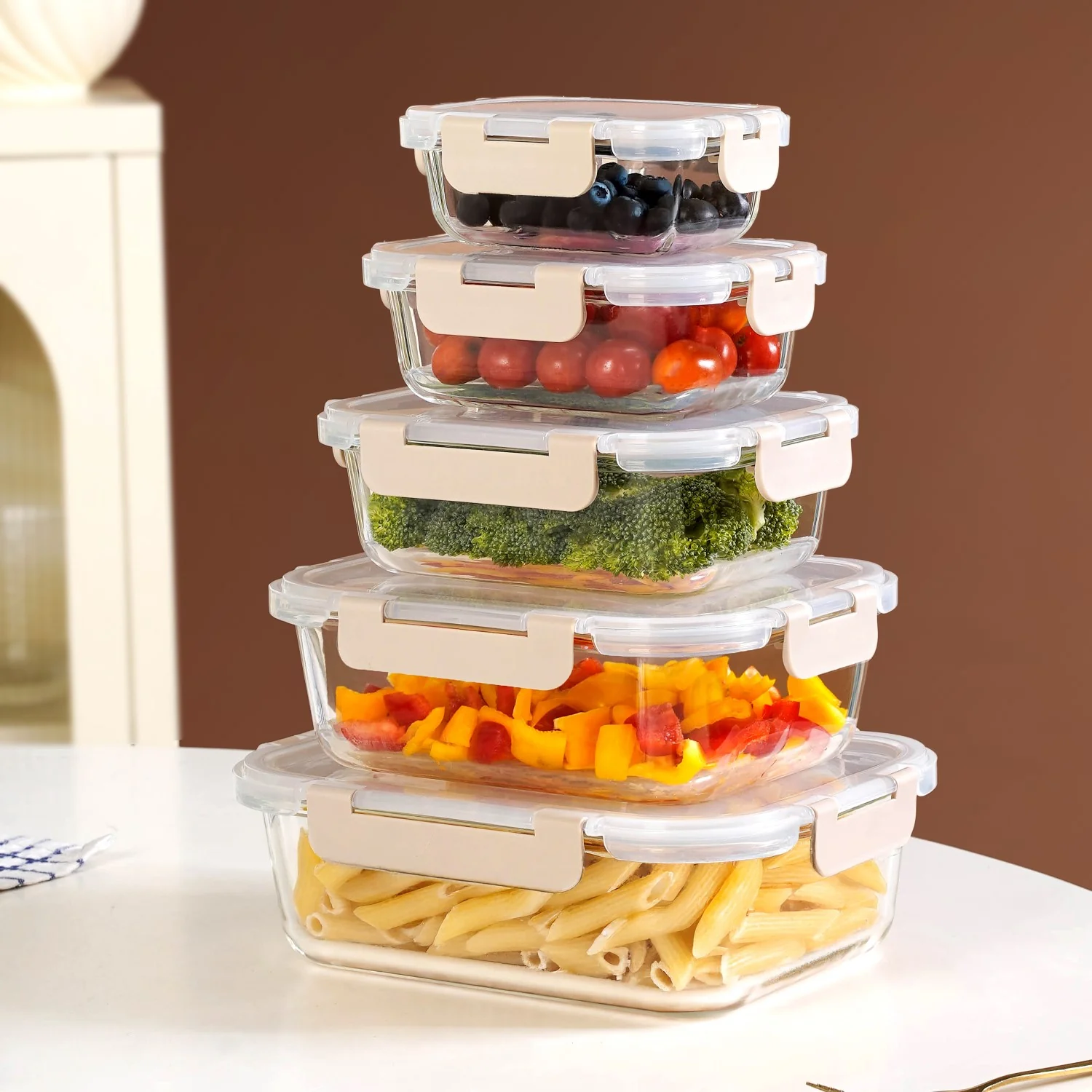 Nestro Leakproof Food Storage Box Set Of 5 Beige XS 185ml S 370ml M 600ml L 1000ml XL 1500ml