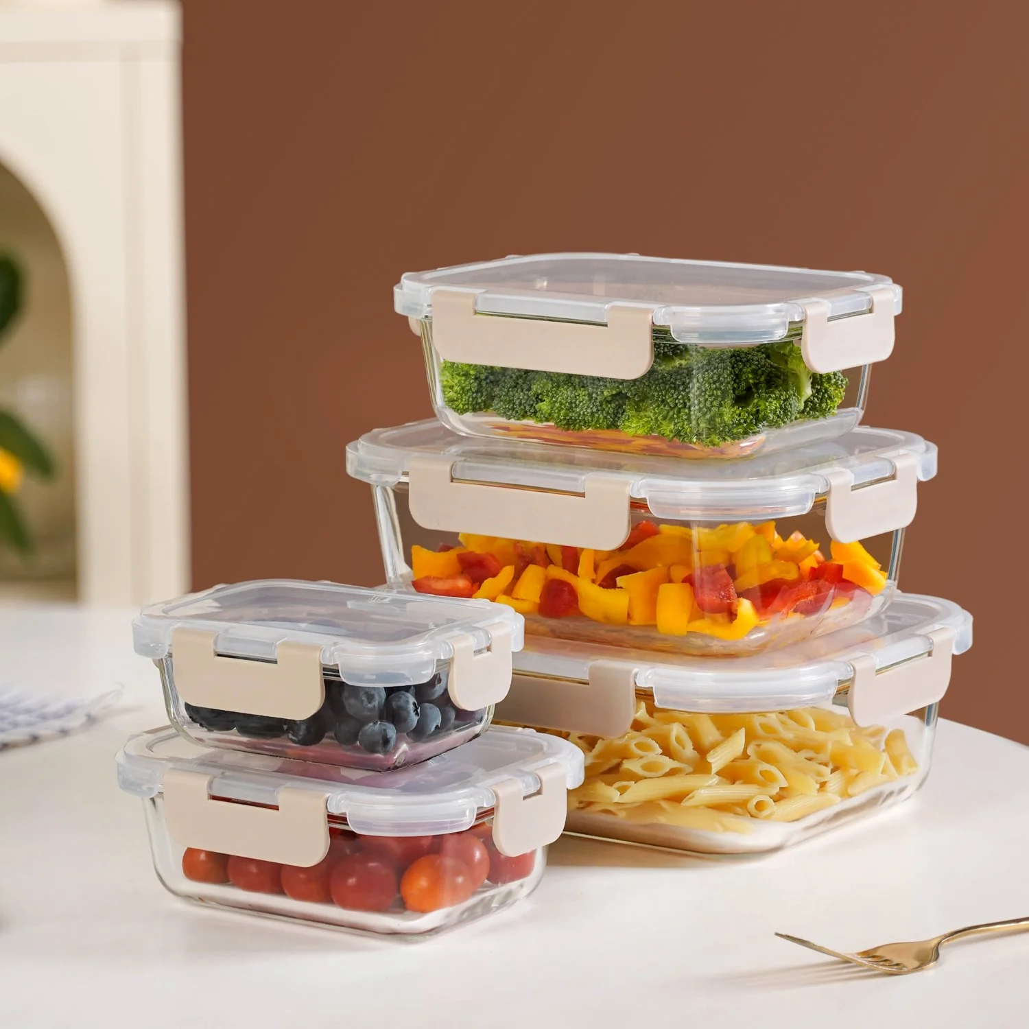 Nestro Leakproof Food Storage Box Set Of 5 Beige XS 185ml S 370ml M 600ml L 1000ml XL 1500ml - Image 10
