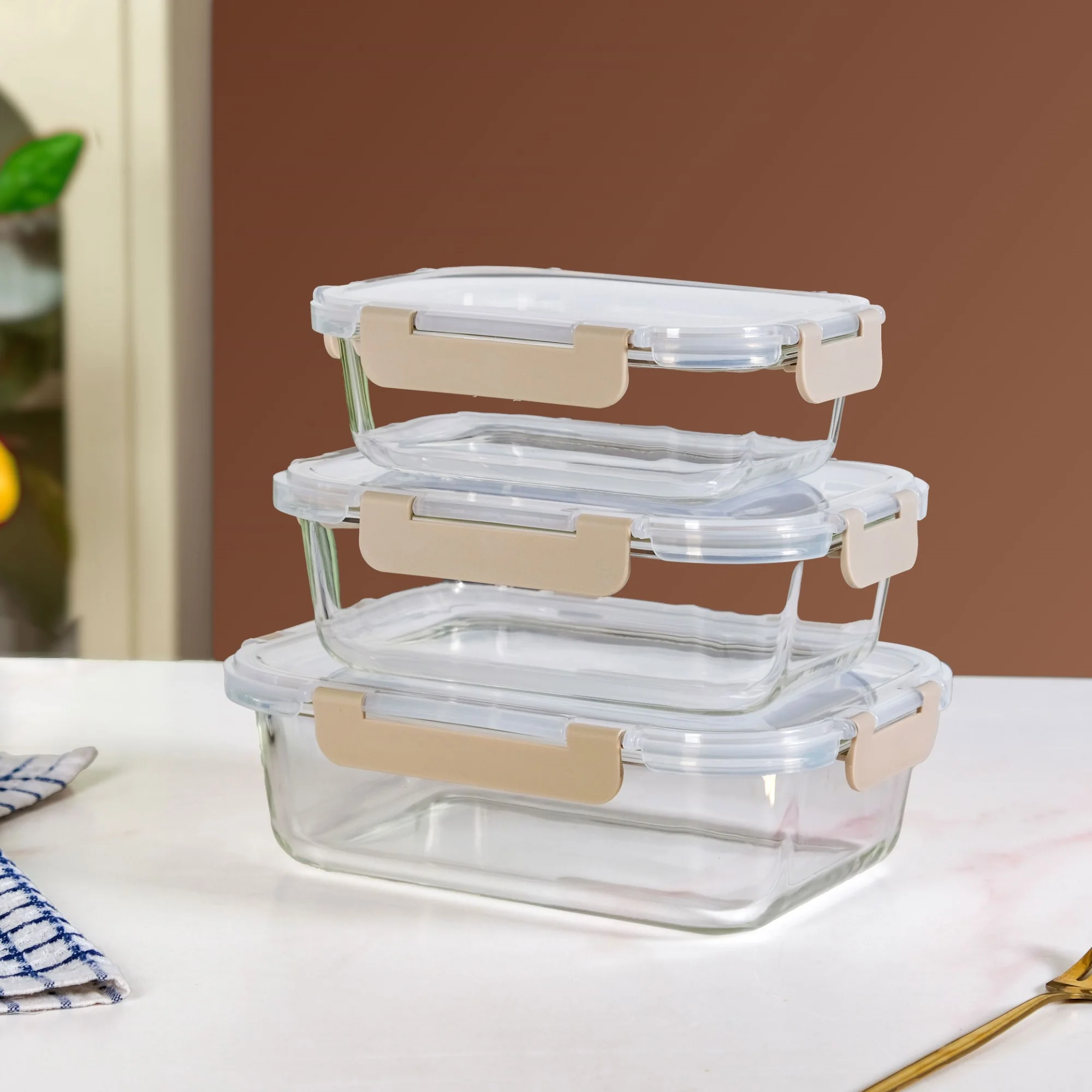 Nestro Leakproof Rectangular Food Storage Box Set Of 3 Beige S 600ml M 1000ml L 1500ml - Image 12