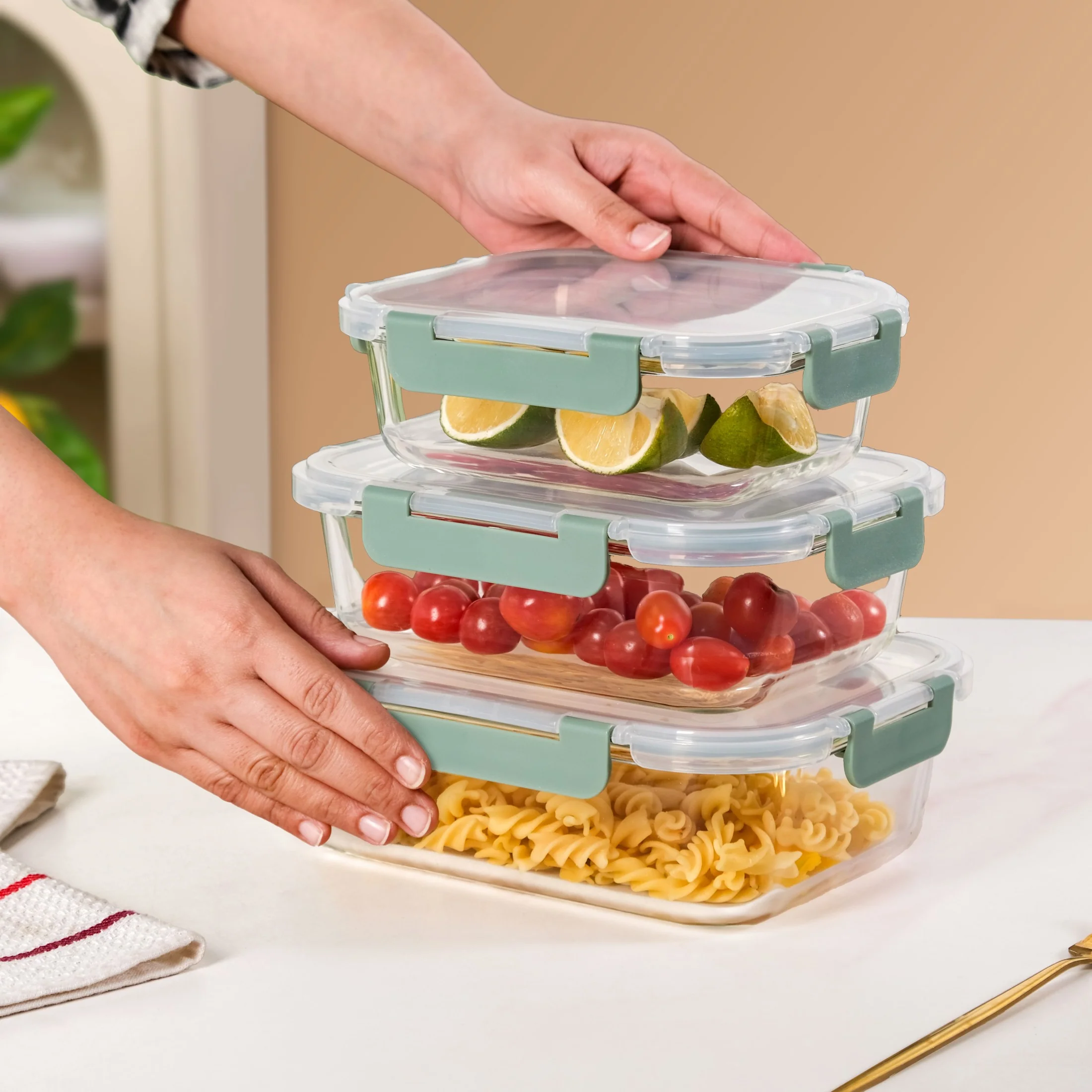 Nestro Leakproof Rectangular Food Storage Box Set Of 3 Green S 600ml M 1000ml L 1500ml - Image 2