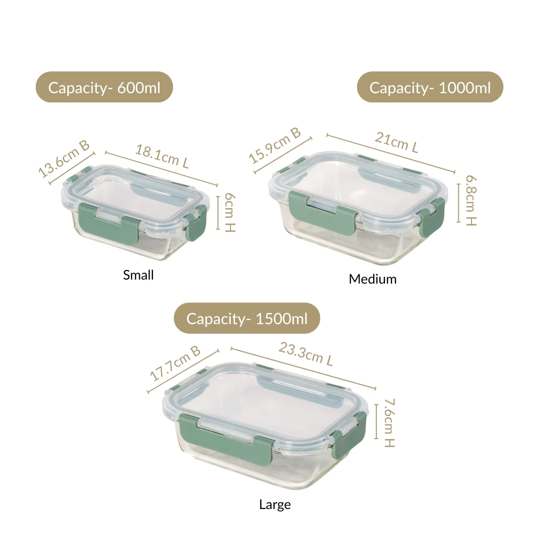 Nestro Leakproof Rectangular Food Storage Box Set Of 3 Green S 600ml M 1000ml L 1500ml - Image 4