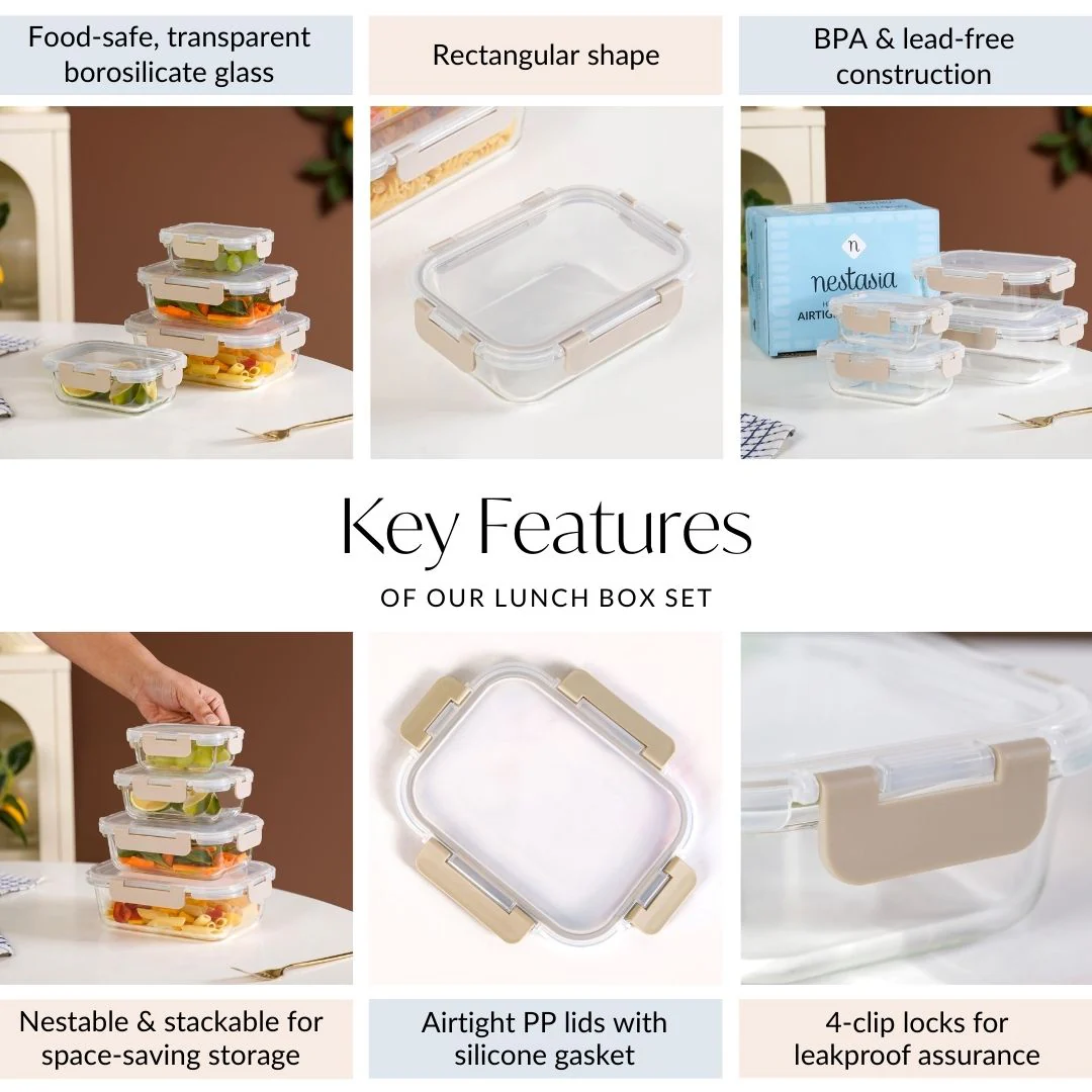Nestro Leakproof Stackable Food Storage Lunch Box Set Of 4 Beige S 185ml M 370ml L 600ml XL 1000ml - Image 5