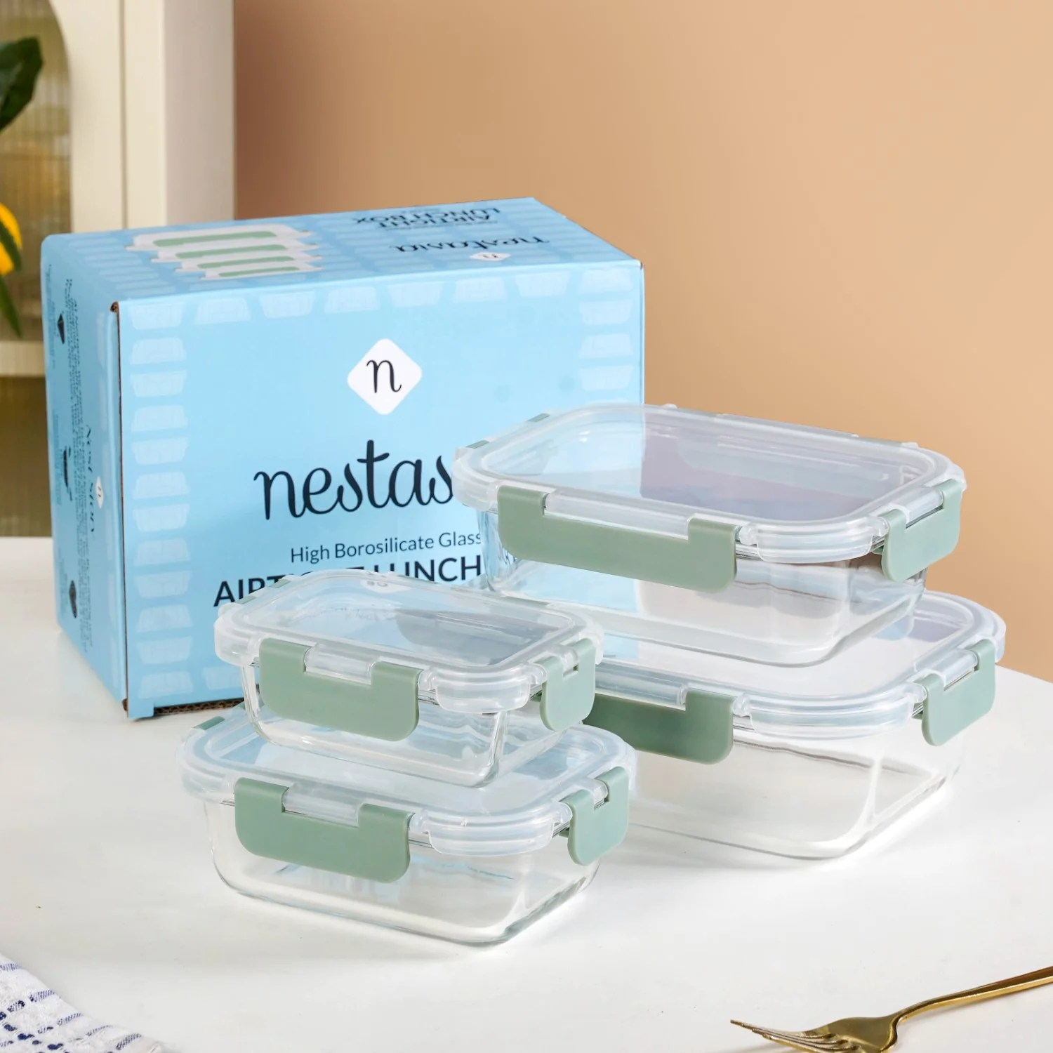 Nestro Leakproof Stackable Food Storage Lunch Box Set Of 4 Green S 185ml M 370ml L 600ml XL 1000ml - Image 2
