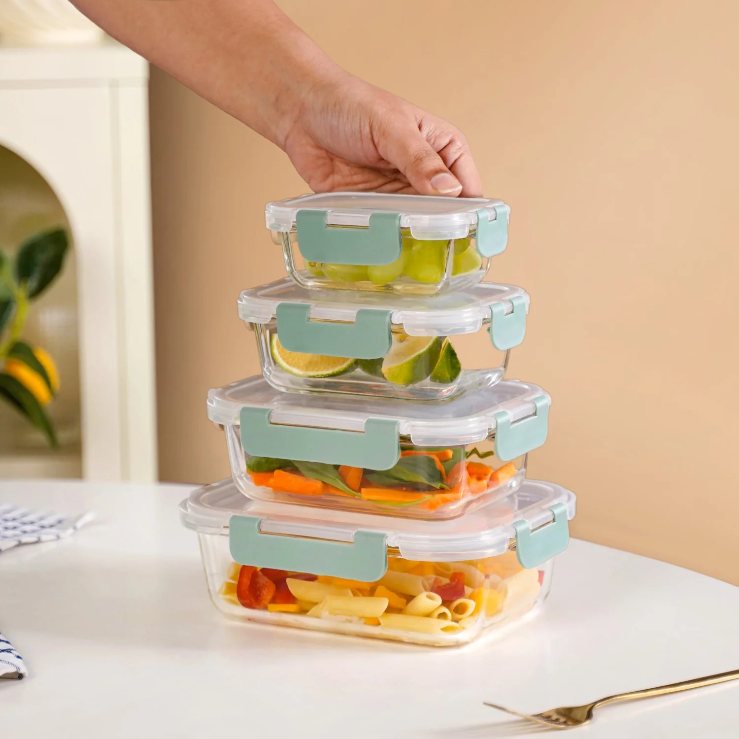 Nestro Leakproof Stackable Food Storage Lunch Box Set Of 4 Green S 185ml M 370ml L 600ml XL 1000ml - Image 3