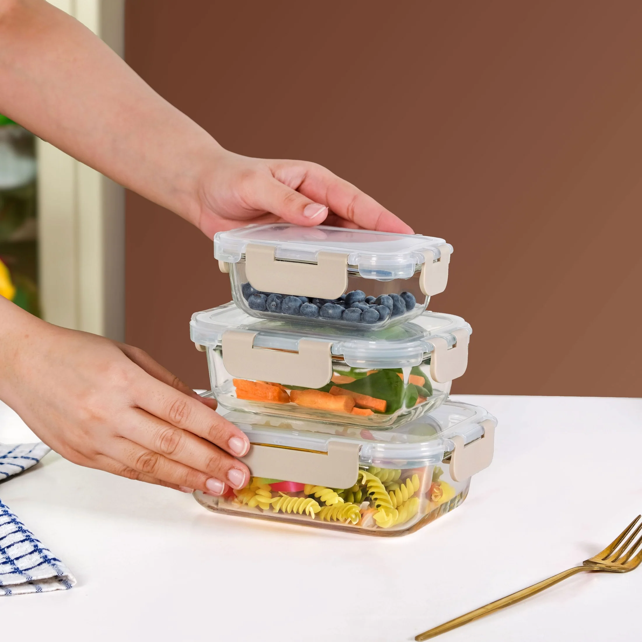 Nestro Microwave Safe Airtight Storage Box Set Of 3 Beige S 185ml M 370ml L 600ml - Image 3