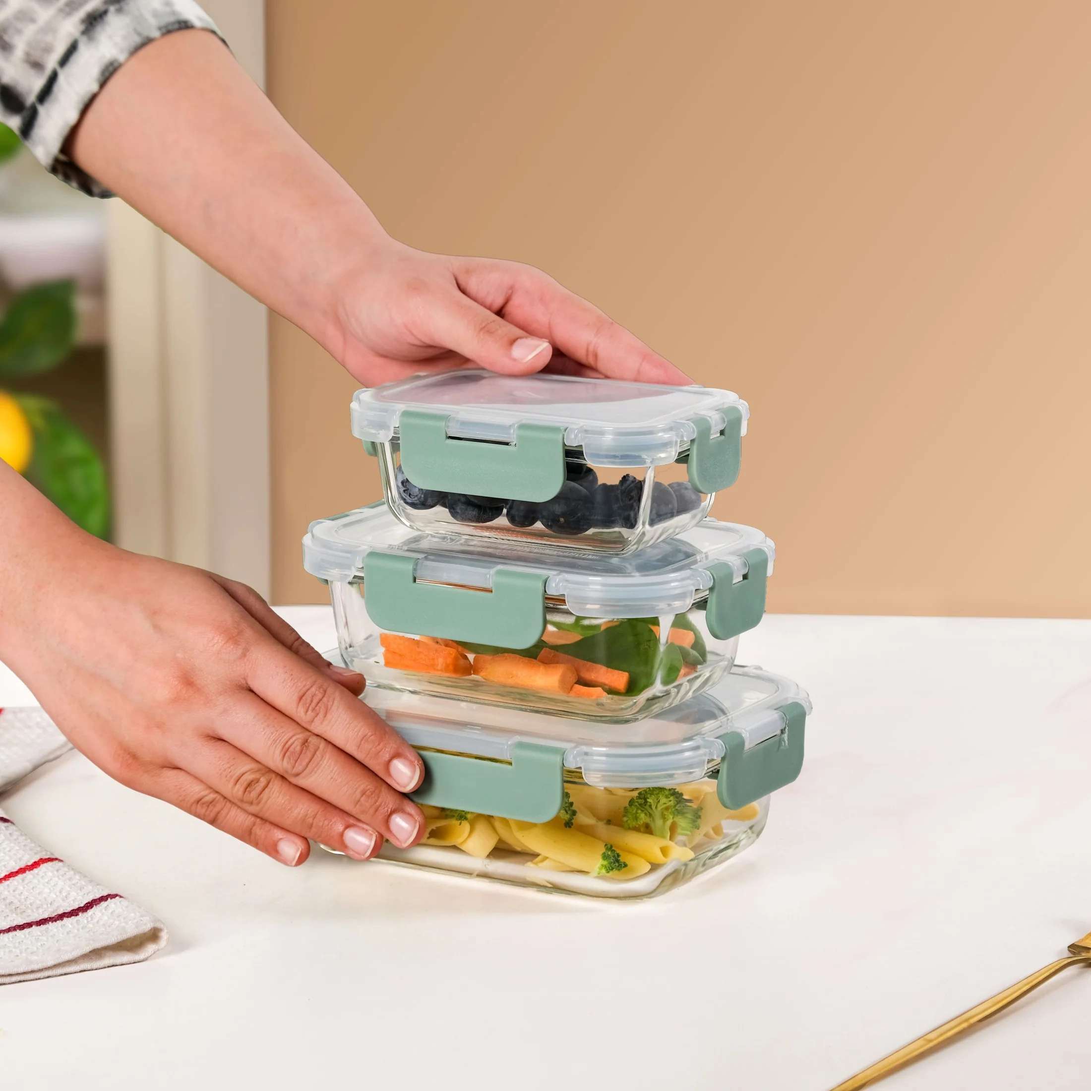 Nestro Microwave Safe Airtight Storage Box Set Of 3 Green S 185ml M 370ml L 600ml - Image 3