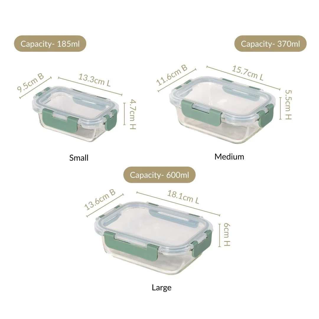 Nestro Microwave Safe Airtight Storage Box Set Of 3 Green S 185ml M 370ml L 600ml - Image 4