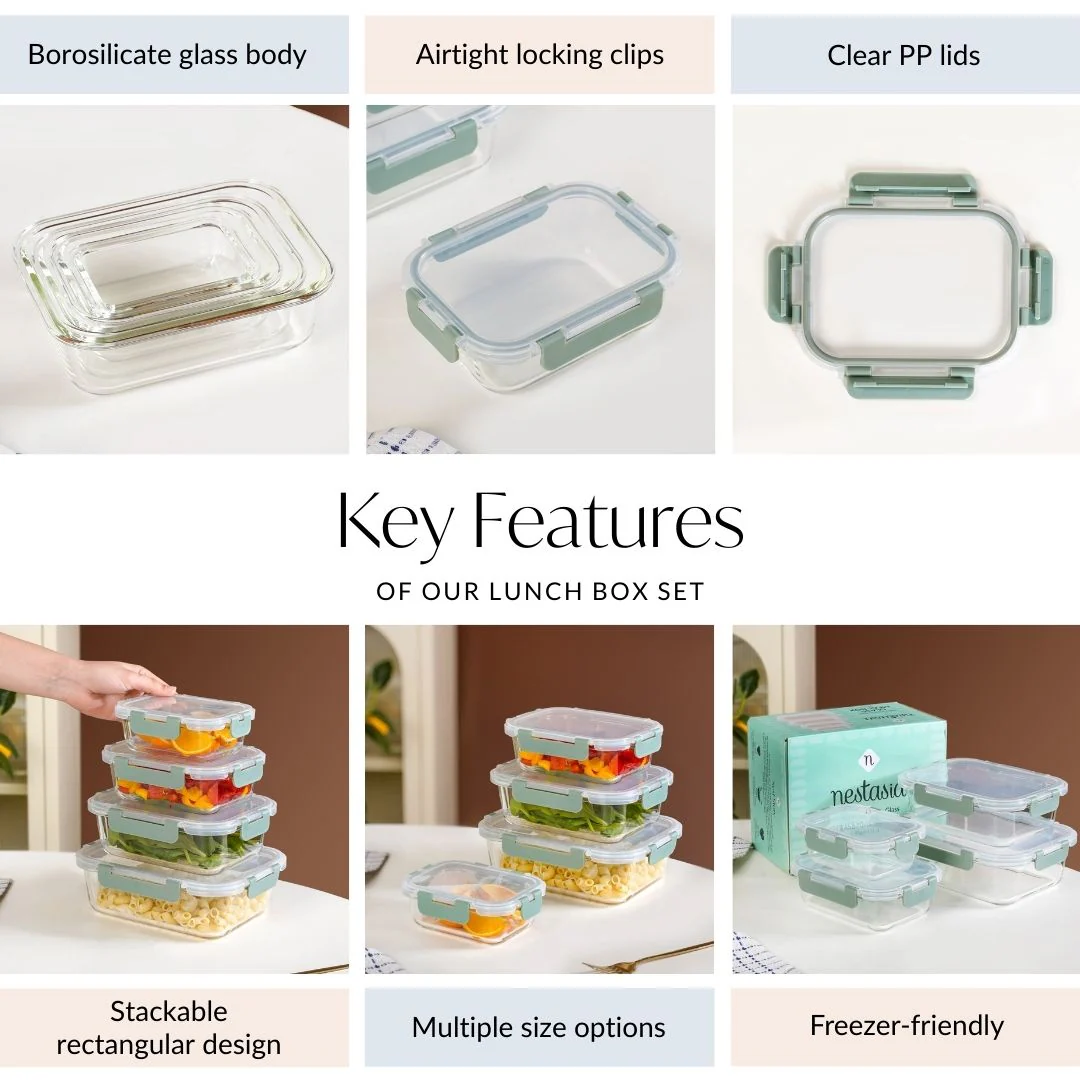 Nestro Microwave Safe Stackable Food Storage Box Set Of 4 Green S 370ml M 600ml L 1000ml Xl 1500ml - Image 5