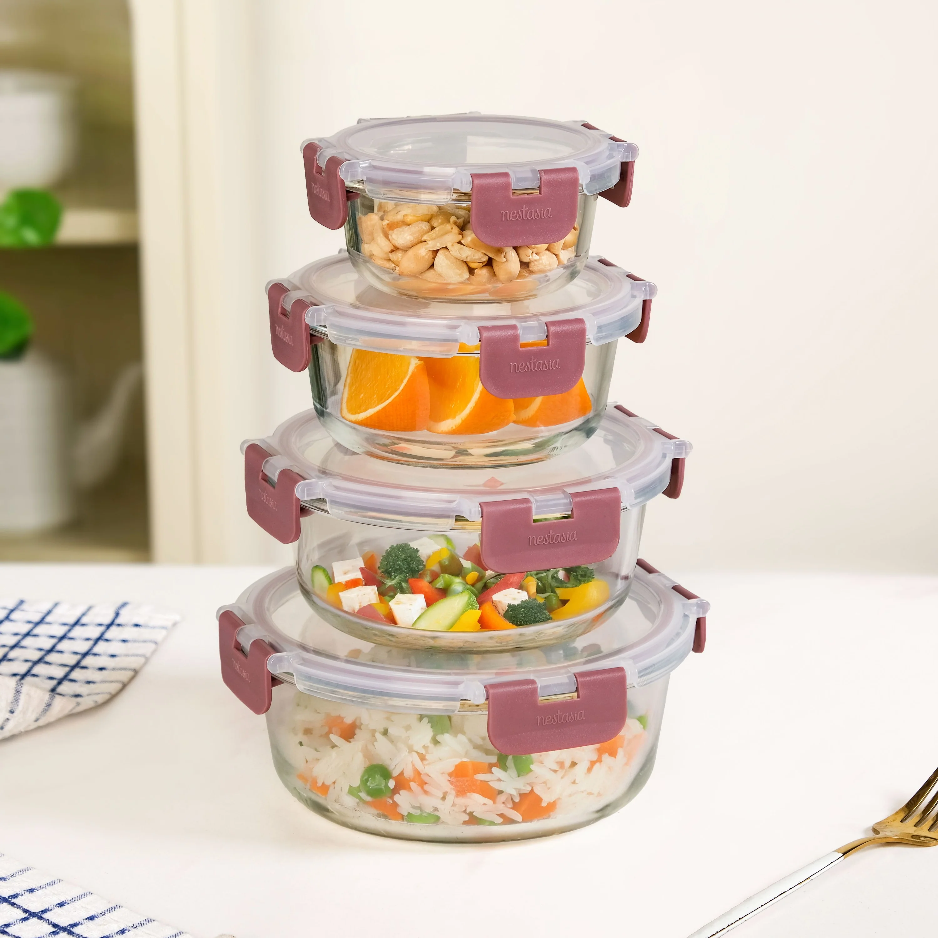 Nestro Pro Clip Lock Food Containers Set Of 4 Round Magenta 215ml 400ml 600ml 950ml