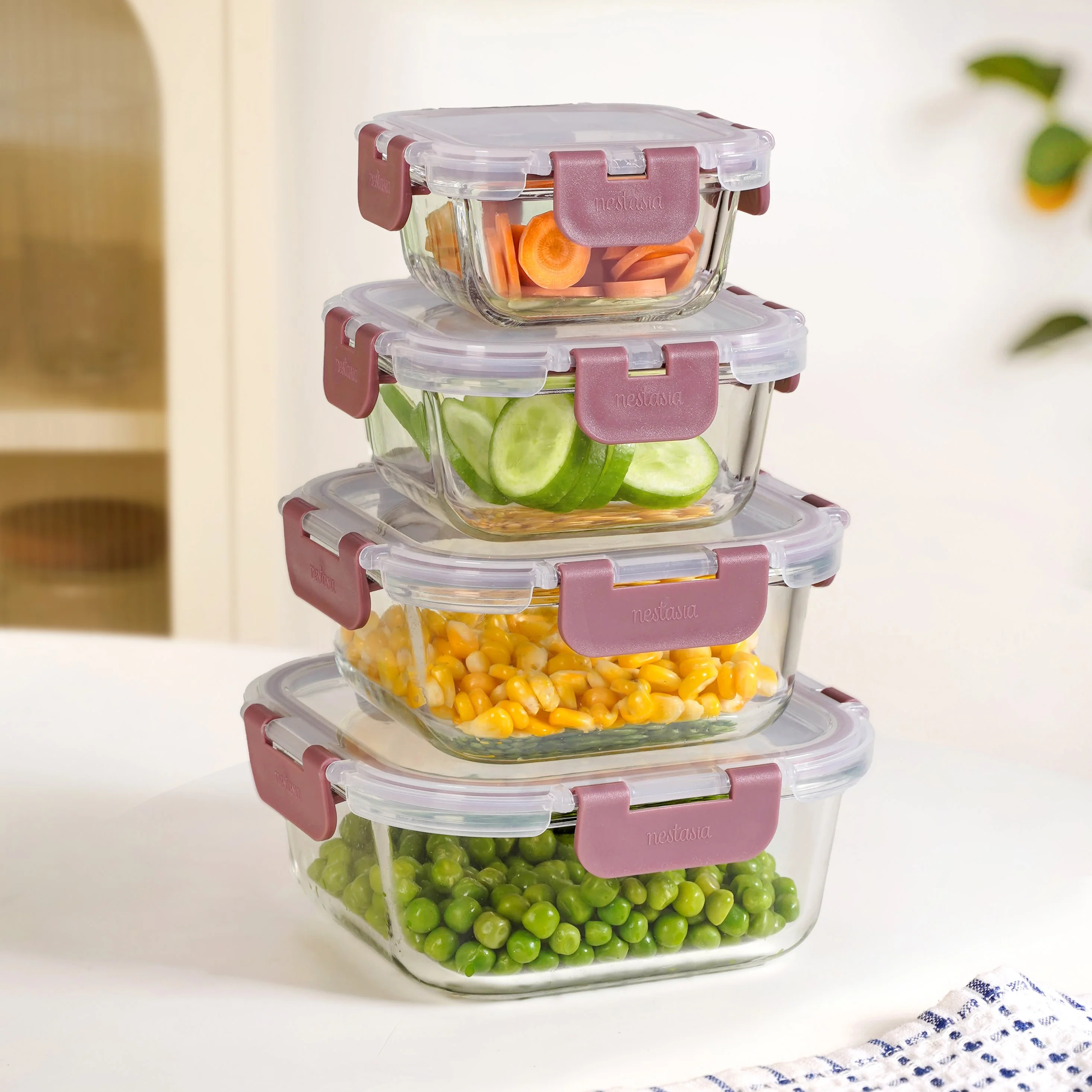 Nestro Square Airtight Containers Set Of 4 Dusty Pink 160ml 300ml 500ml 800ml