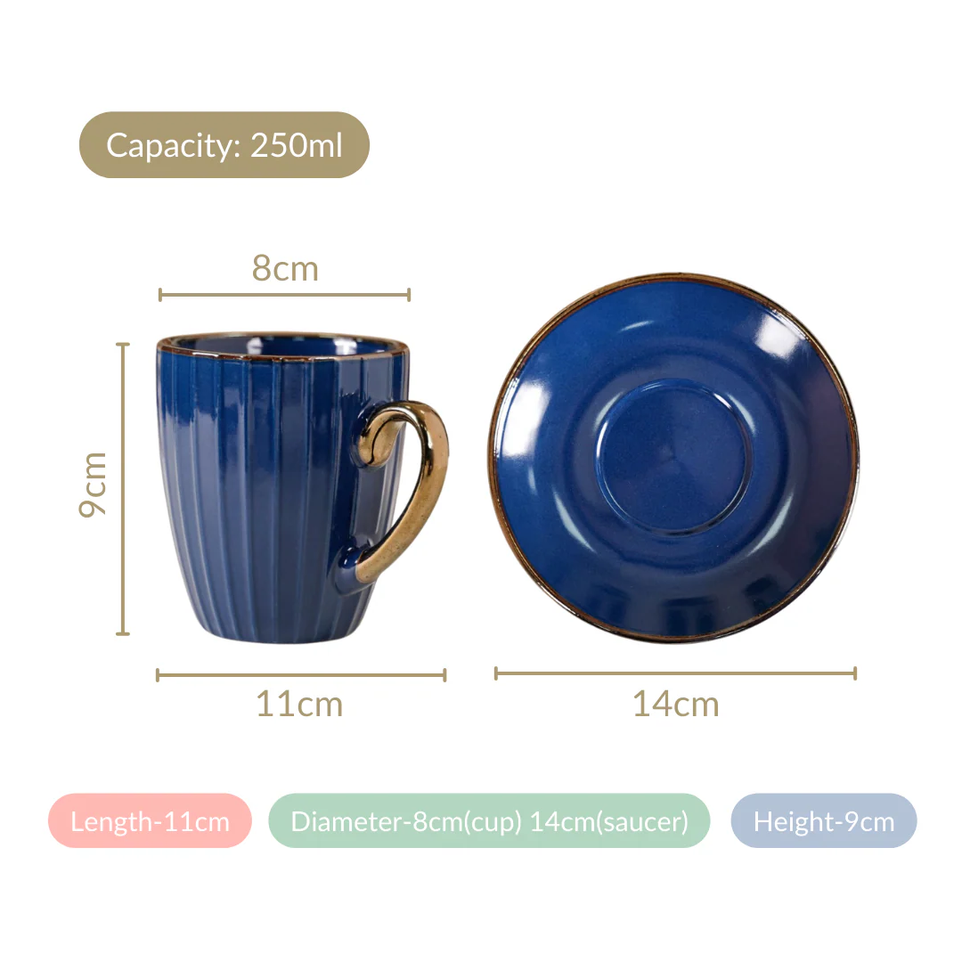 Nori Cup And Saucer Set Of 6 Blue With Gold Detail 250ml - Image 6