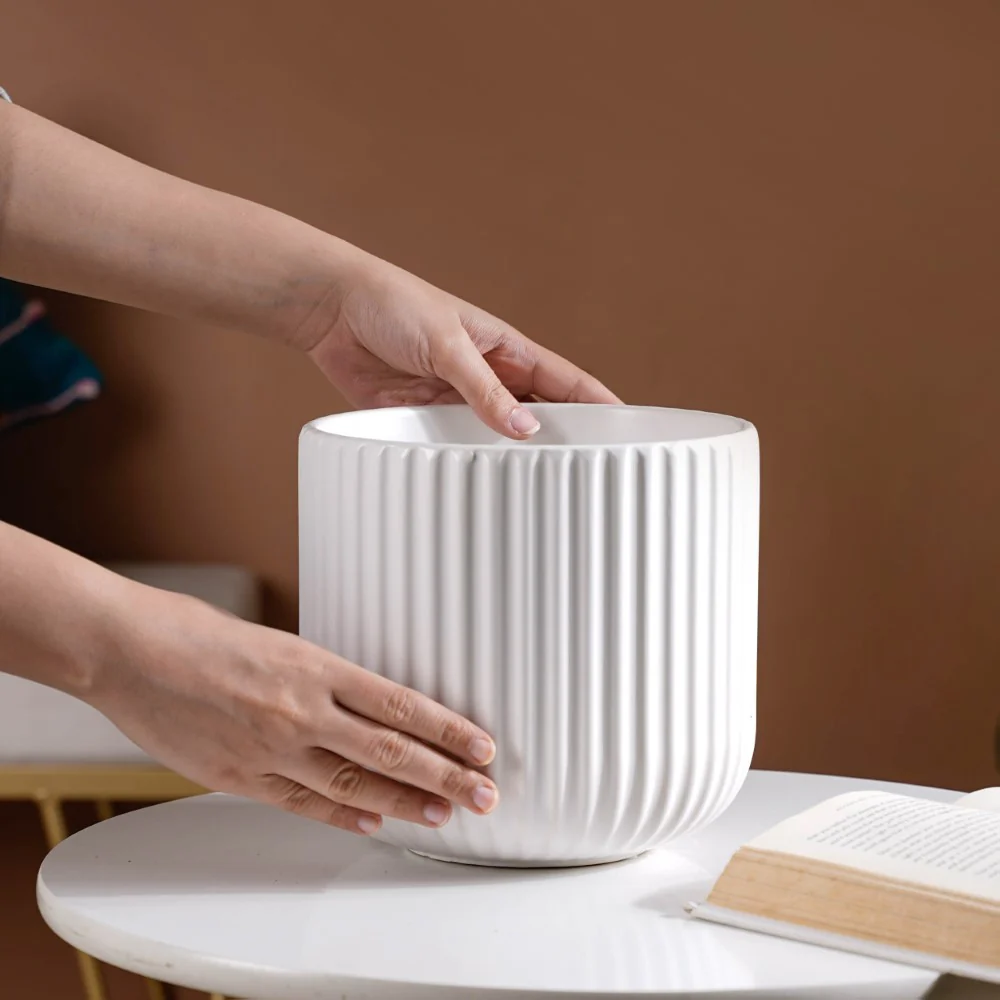 Oat White Ribbed Flower Pot - Image 2
