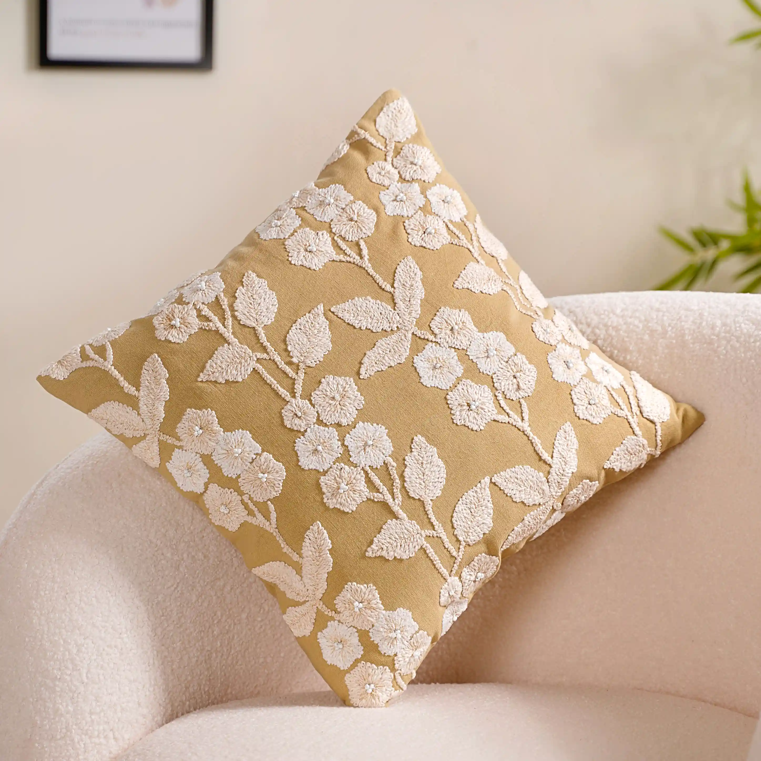 Ochre Embroidery Linen Cushion Cover Yellow 16x16 Inch - Image 3