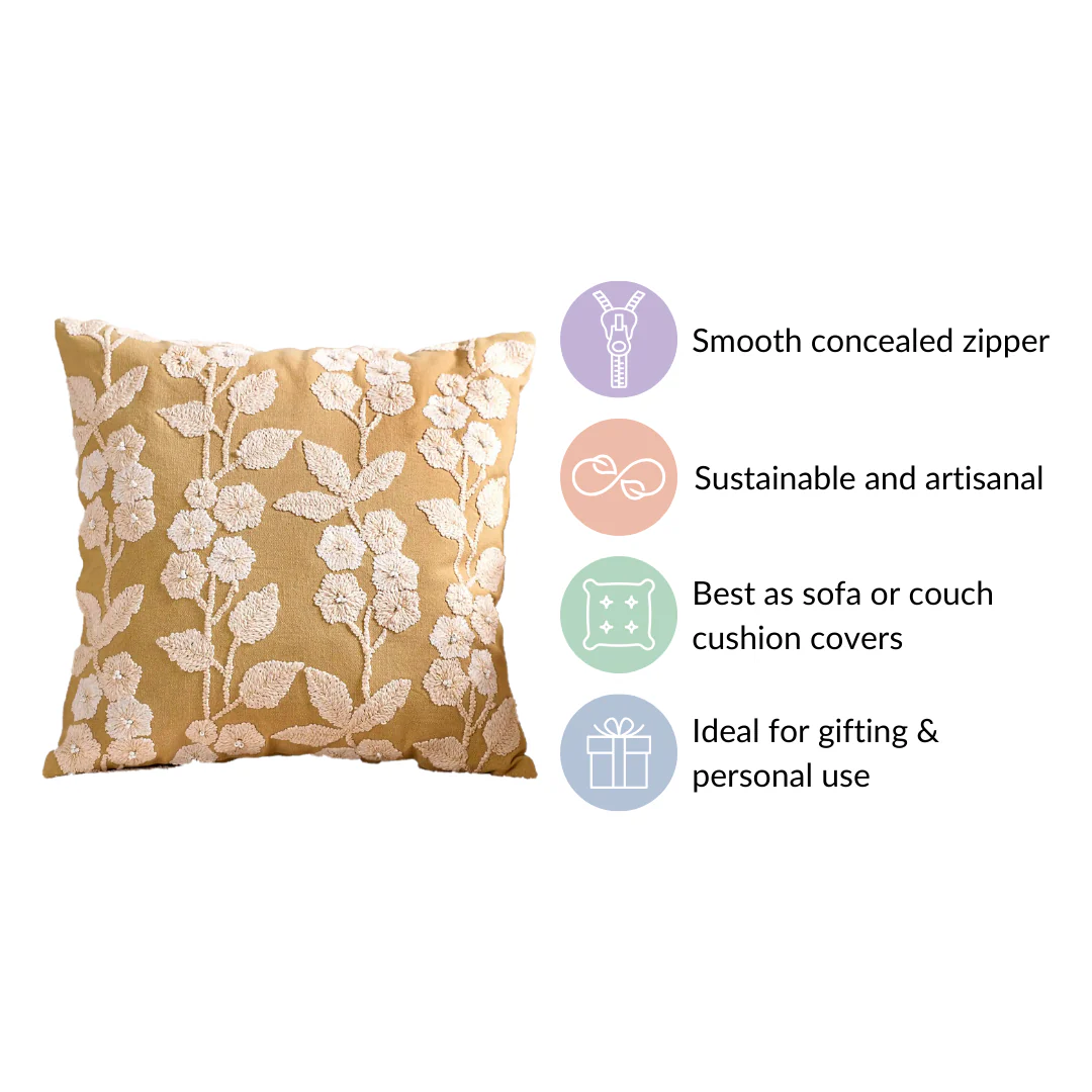 Ochre Embroidery Linen Cushion Cover Yellow 16x16 Inch - Image 6