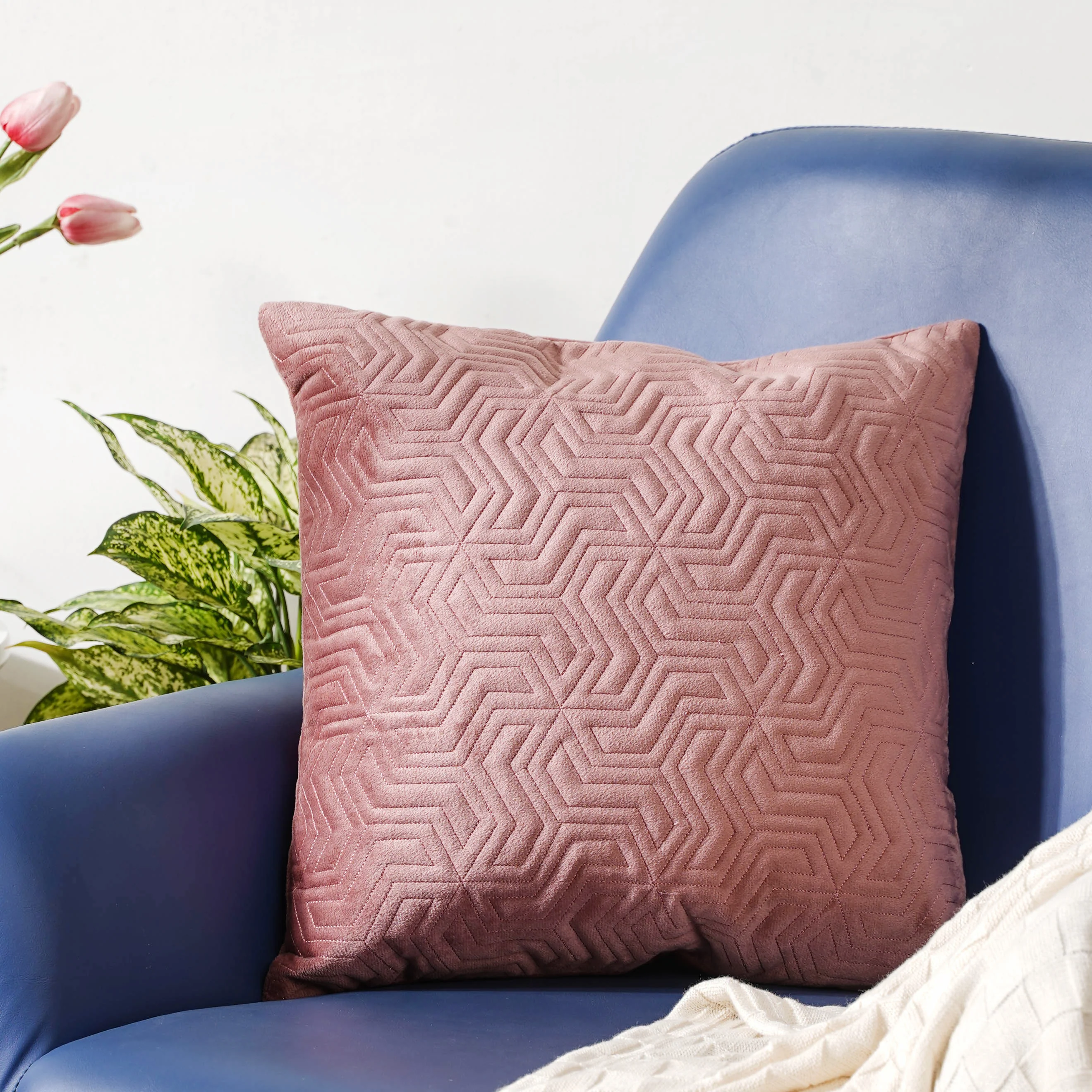 Old Rose Pink Quilted Velvet Cushion Cover 16 inch - Image 3