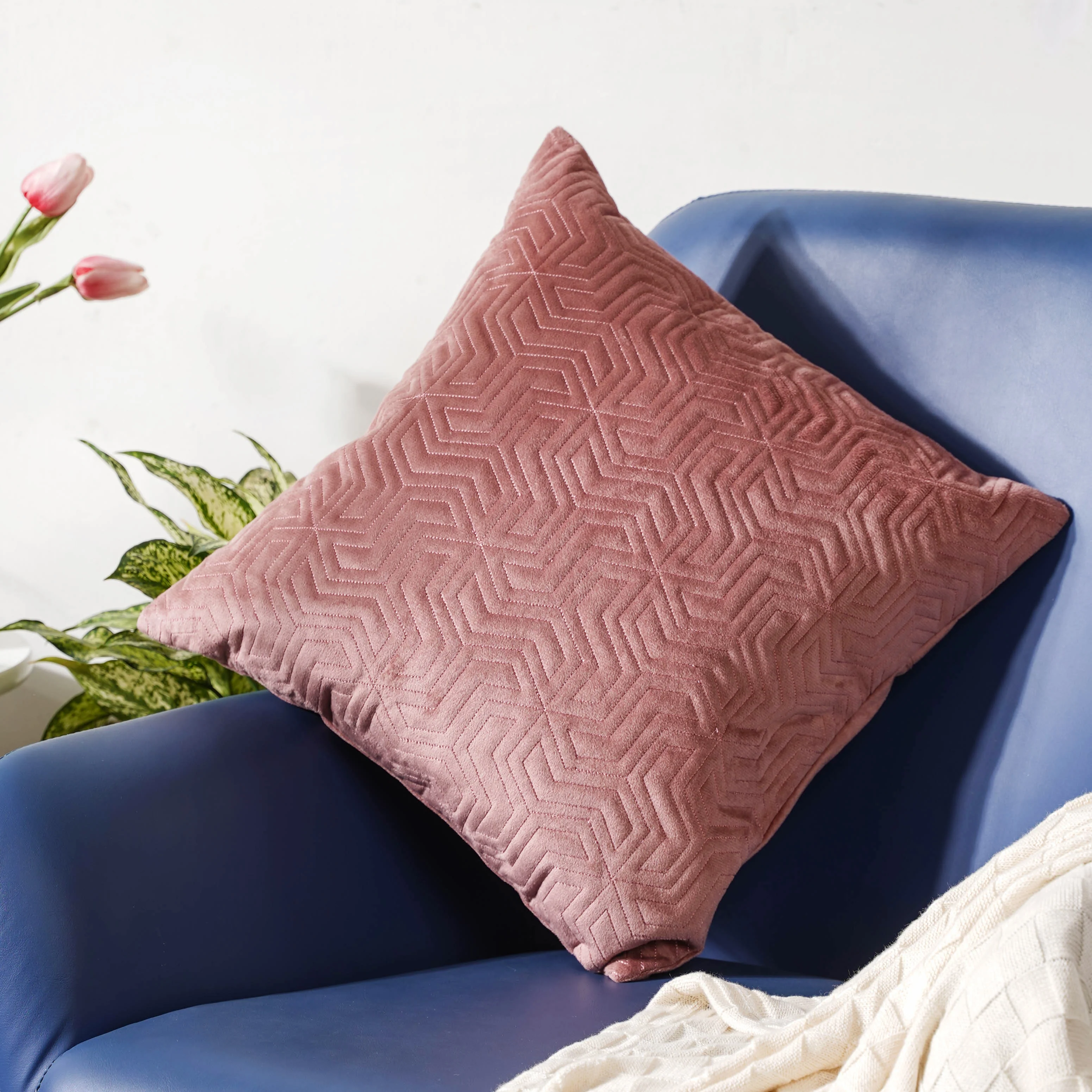 Old Rose Pink Quilted Velvet Cushion Cover 16 inch - Image 6