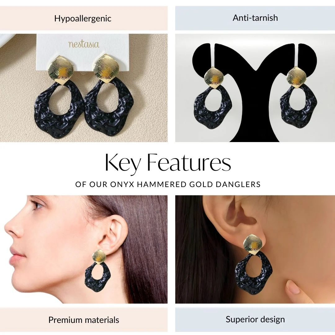 Onyx Hammered Gold Danglers - Image 4