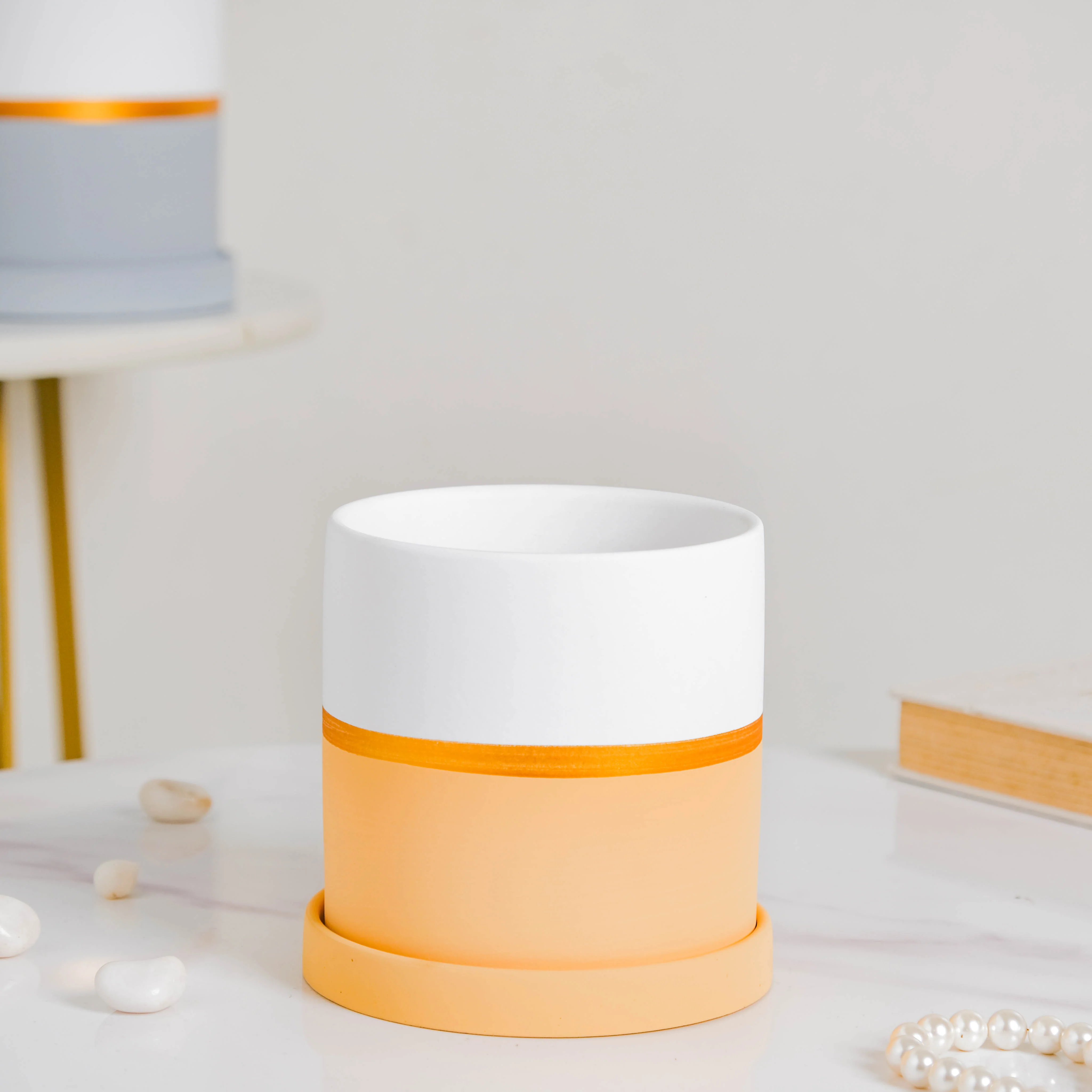 Orange And White Bicolour Pot With Plate - Image 7