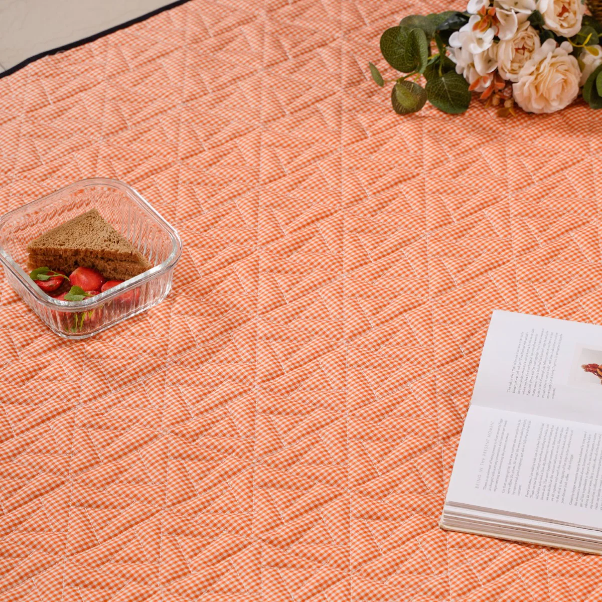 Orange Checks Quilted Picnic Mat 84x60 Inch