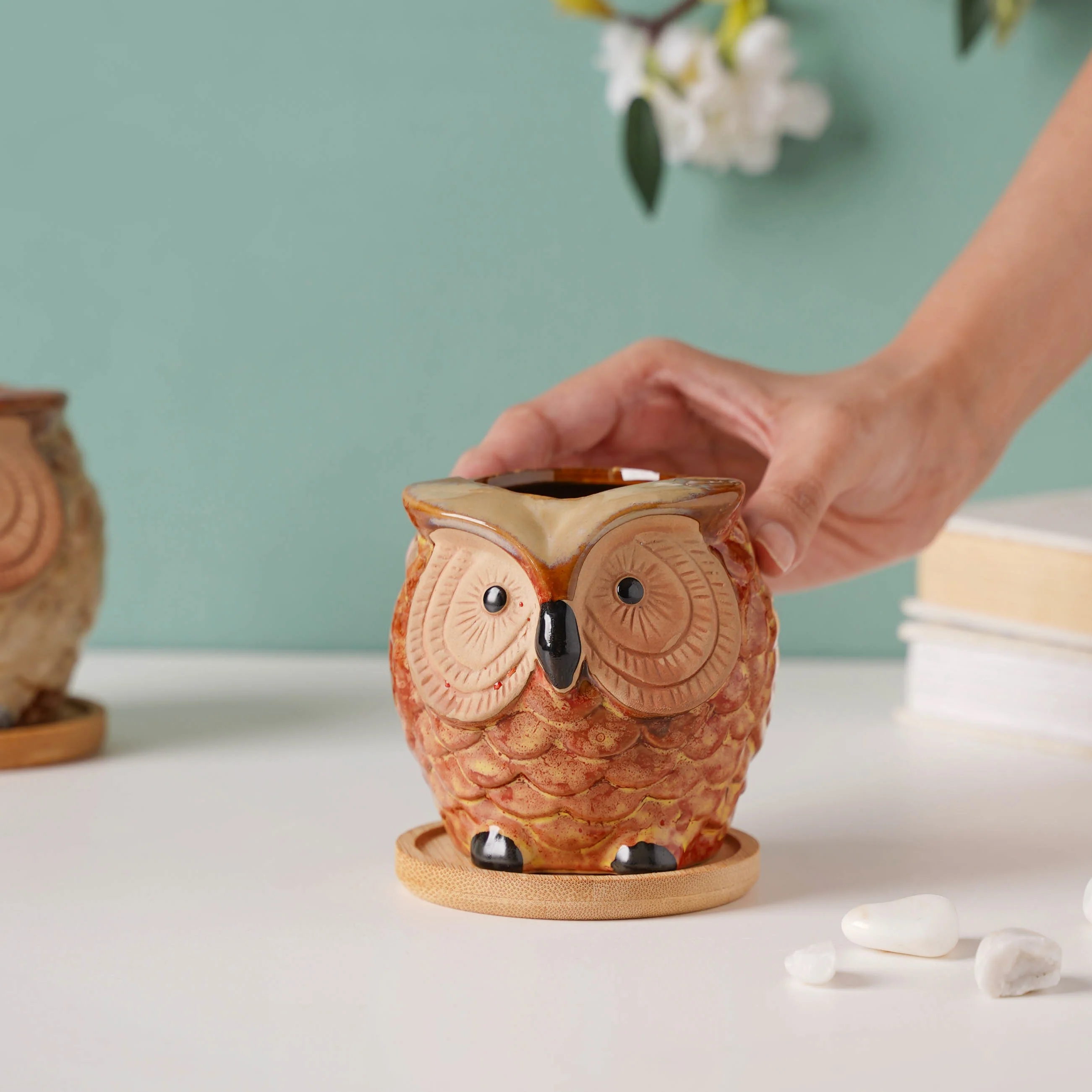 Orange Owl Ceramic Planter With Wooden Coaster - Image 2