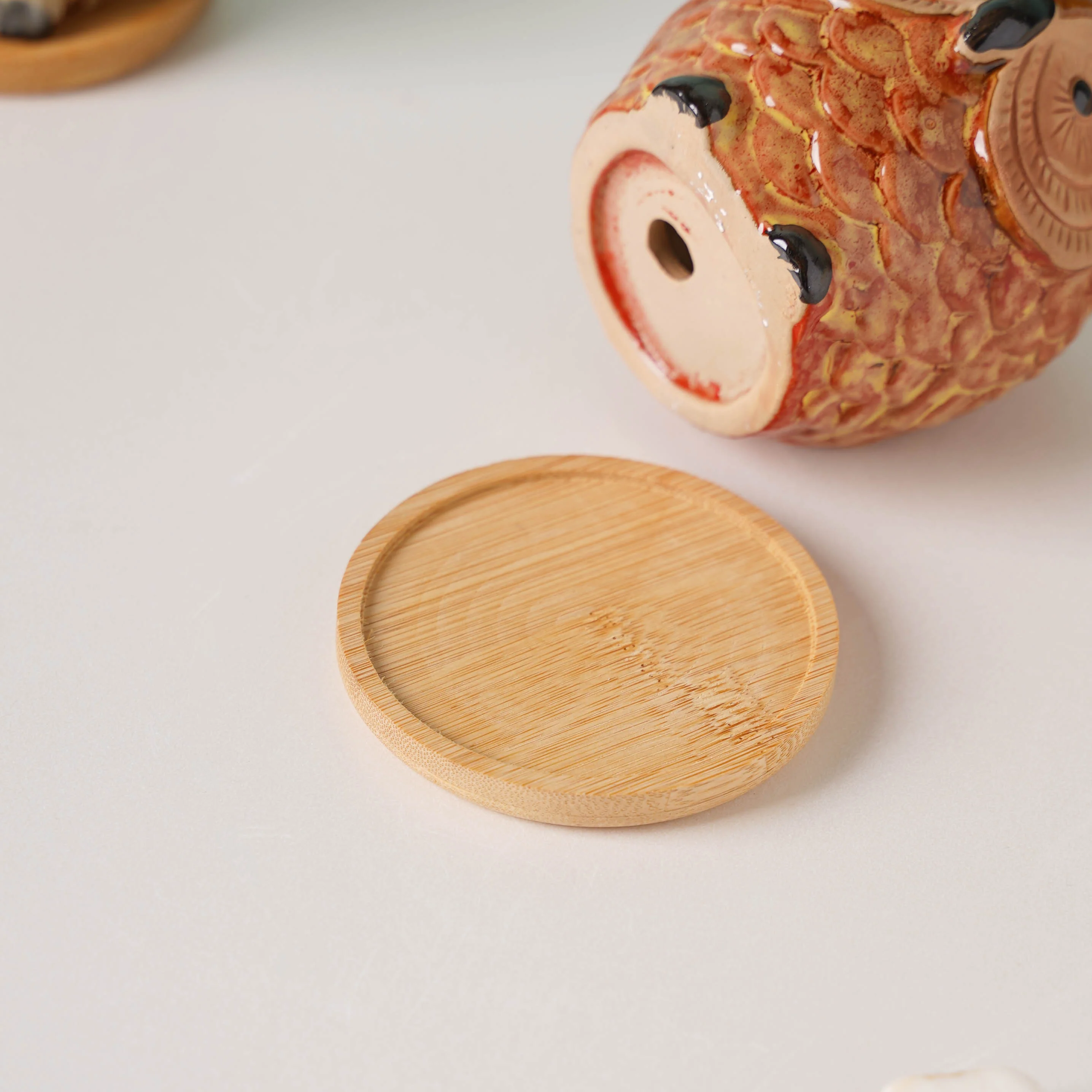 Orange Owl Ceramic Planter With Wooden Coaster - Image 4