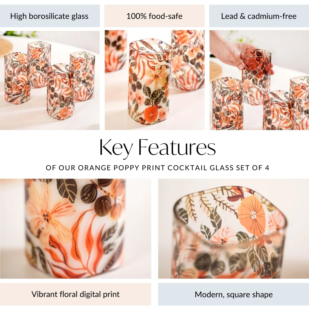 Orange Poppy Print Cocktail Glass Set Of 4 340ml - Image 5