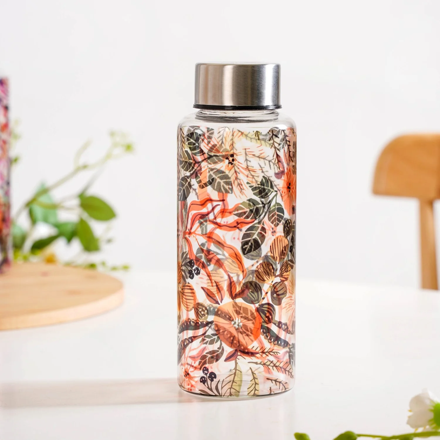 Orange Poppy Printed Leakproof Glass Water Bottle With Stainless Steel Lid 500ml - Image 2