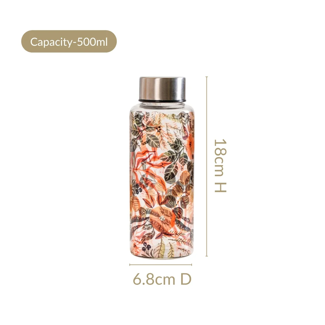 Orange Poppy Printed Leakproof Glass Water Bottle With Stainless Steel Lid 500ml - Image 5