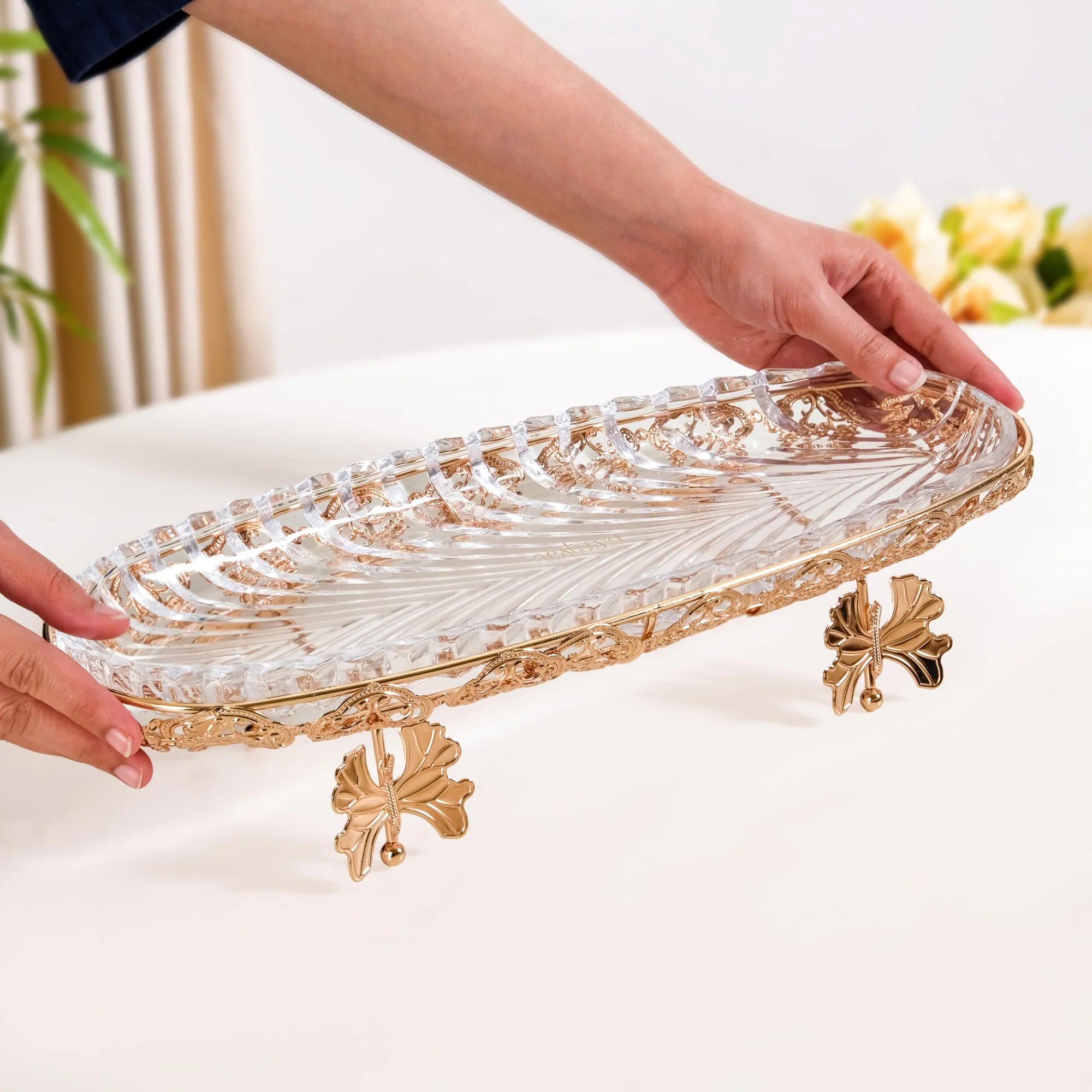 Ornate Metal Glass Decorative Boat Tray - Image 2