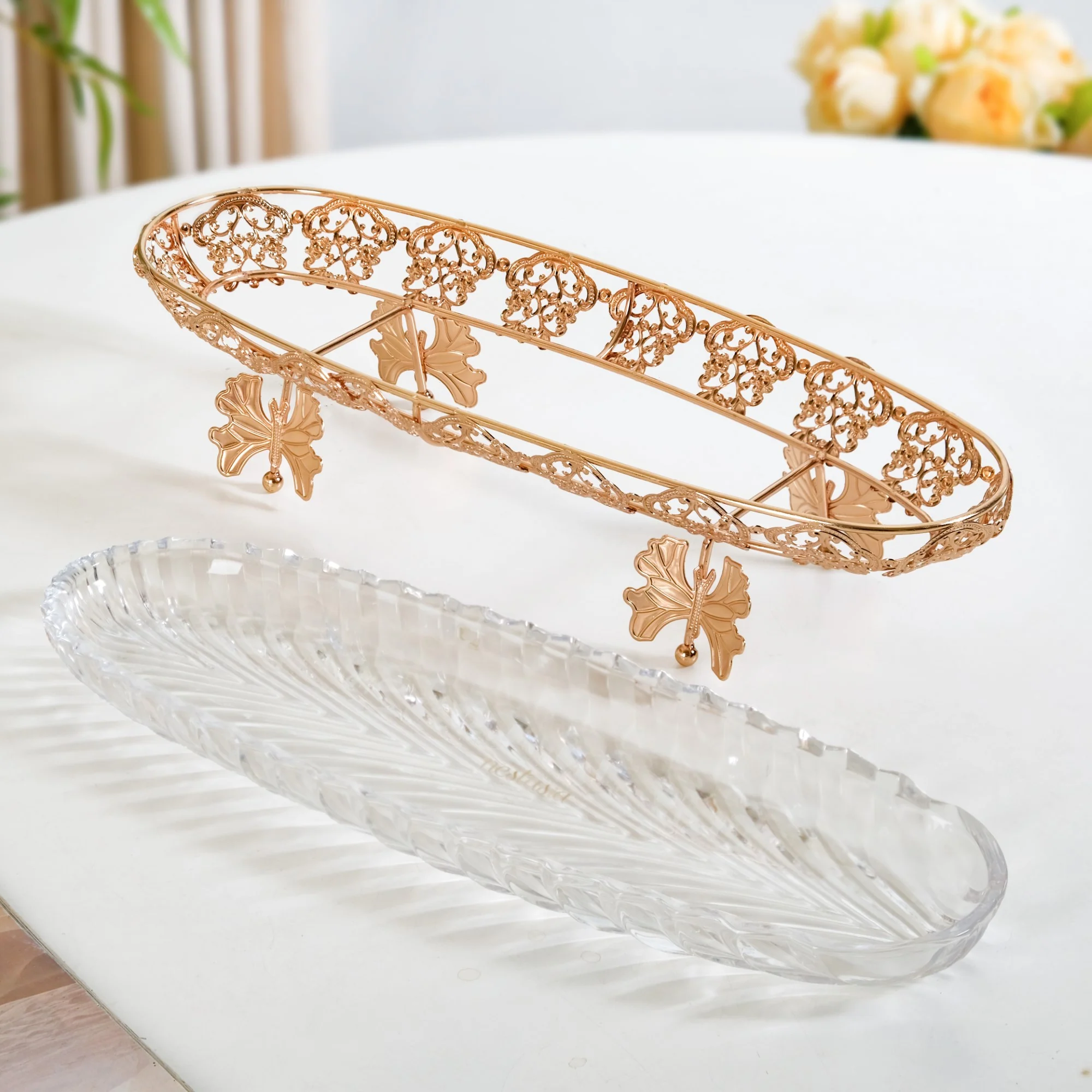 Ornate Metal Glass Decorative Boat Tray - Image 3