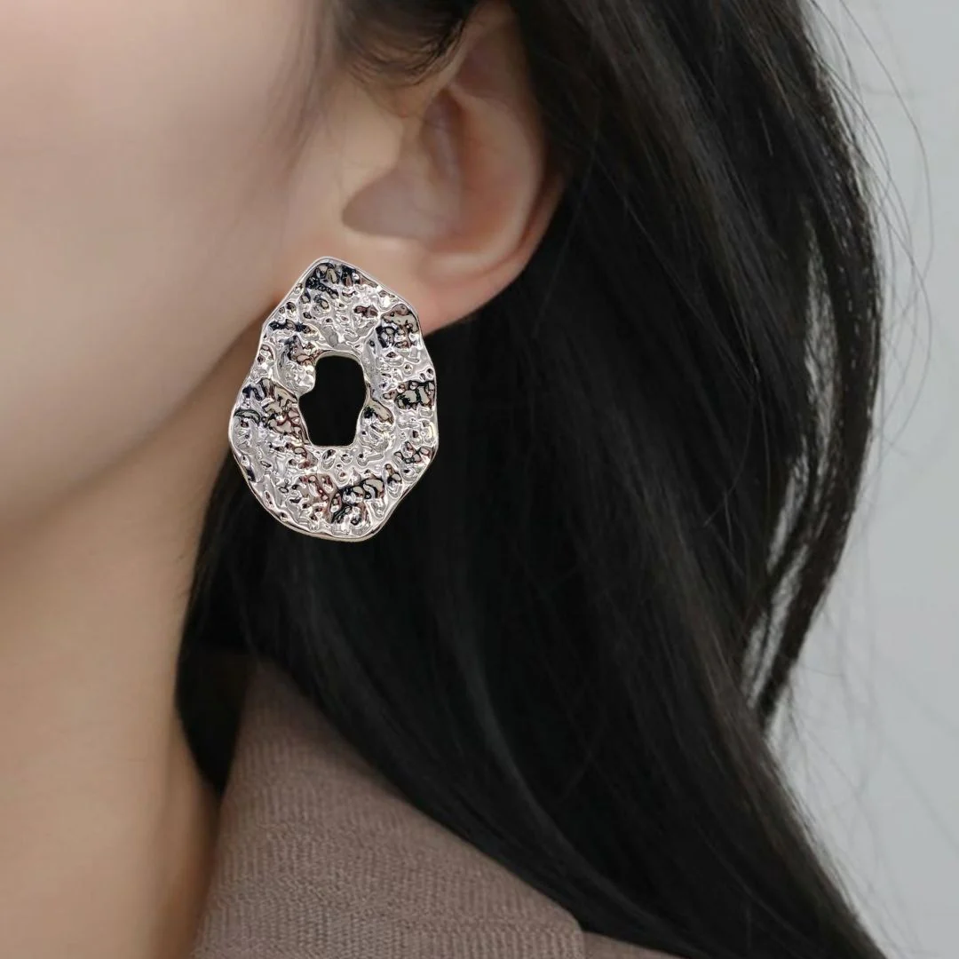 Oval Hollow Abstract Textured Silver Earrings - Image 5