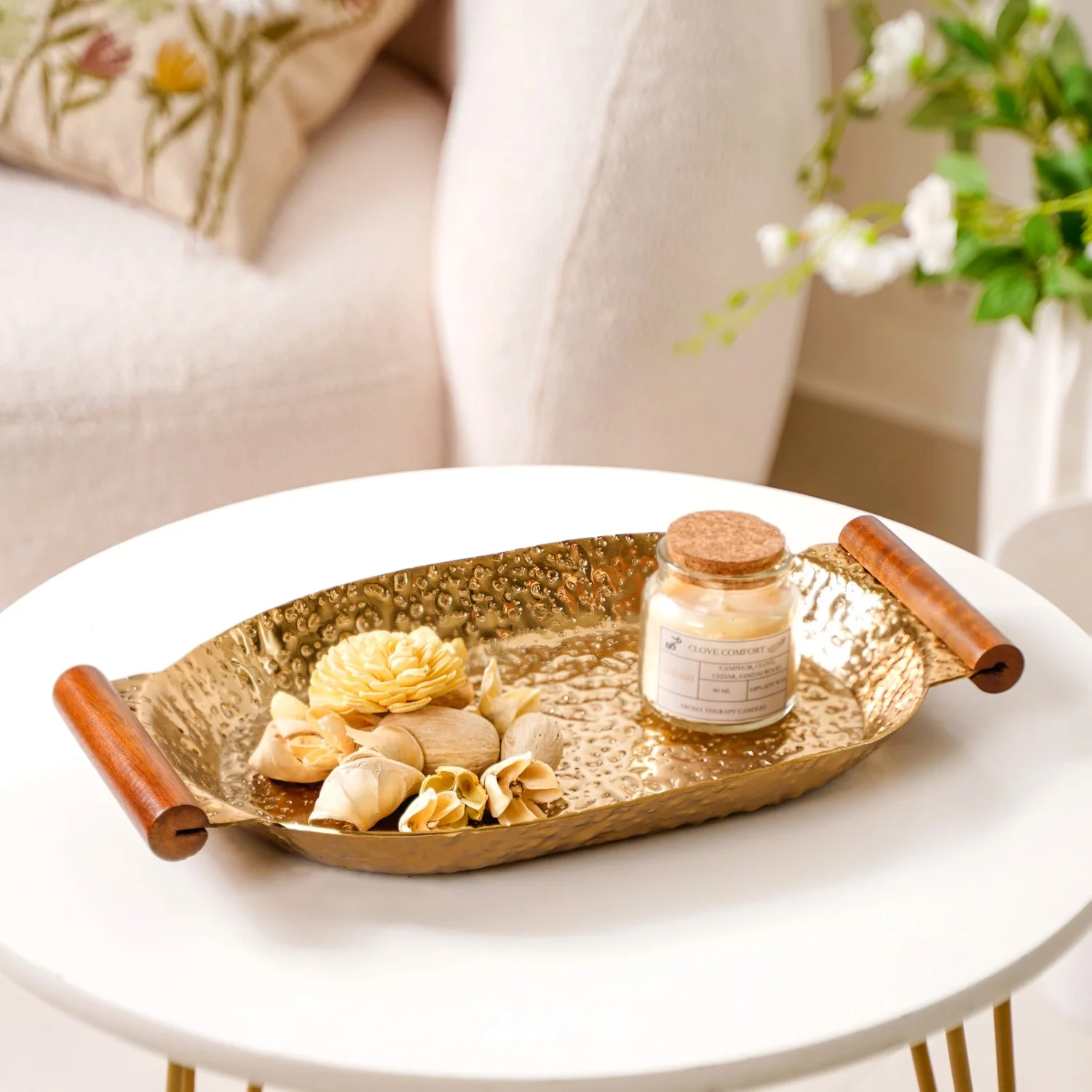 Oval Metal Tray With Wooden Handle Gold 13x8 Inch - Image 2