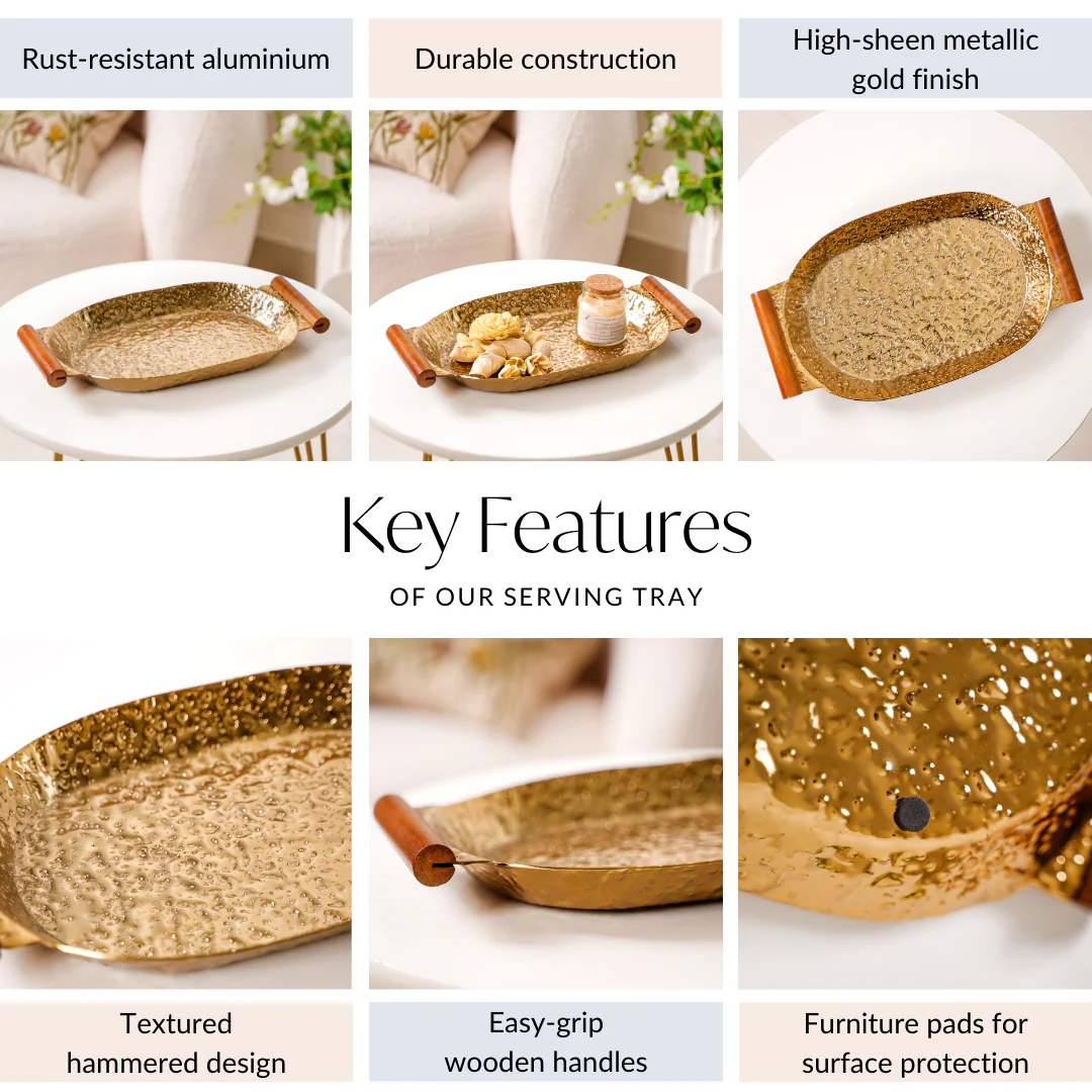 Oval Metal Tray With Wooden Handle Gold 13x8 Inch - Image 5