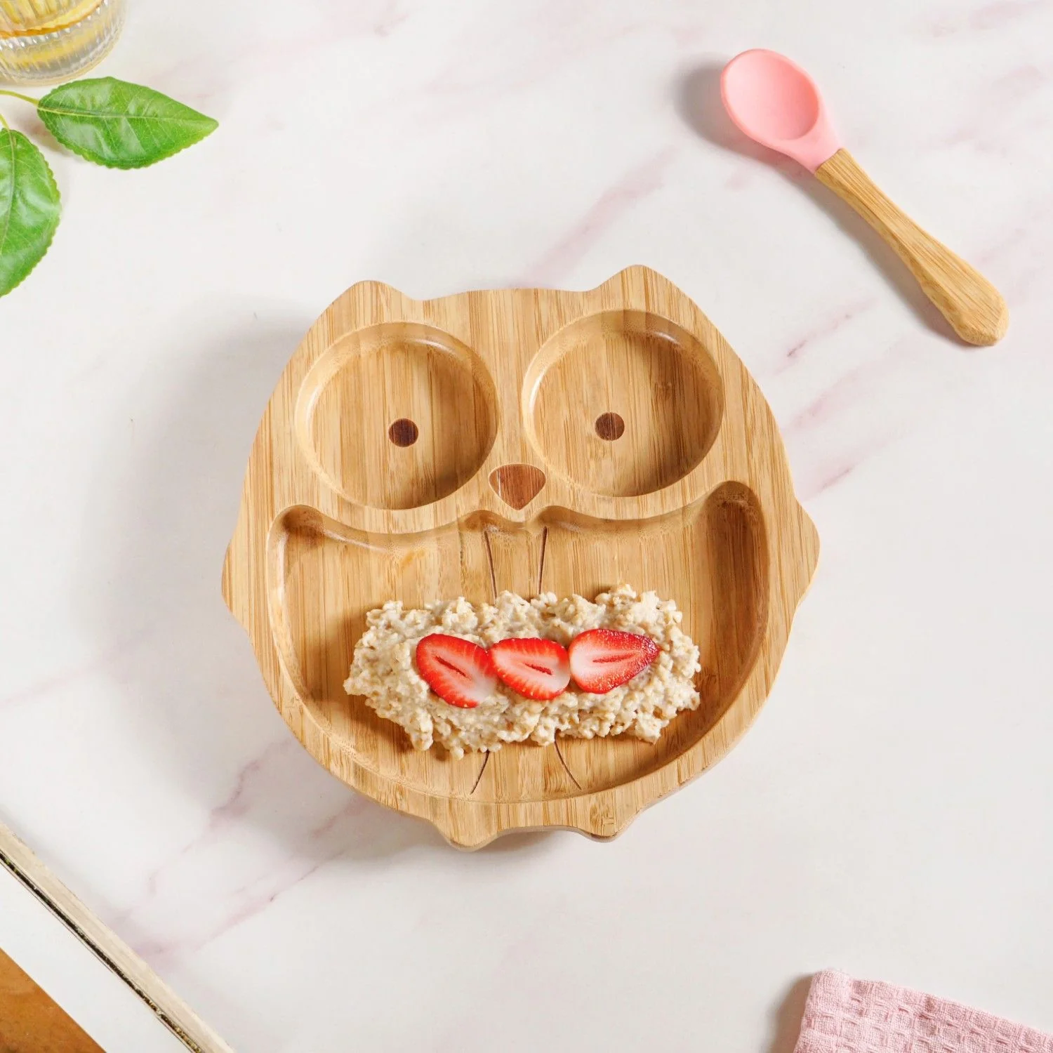 Owl Suction Base All Natural Bamboo Divided Plate Silicon Spoon Set - Image 2