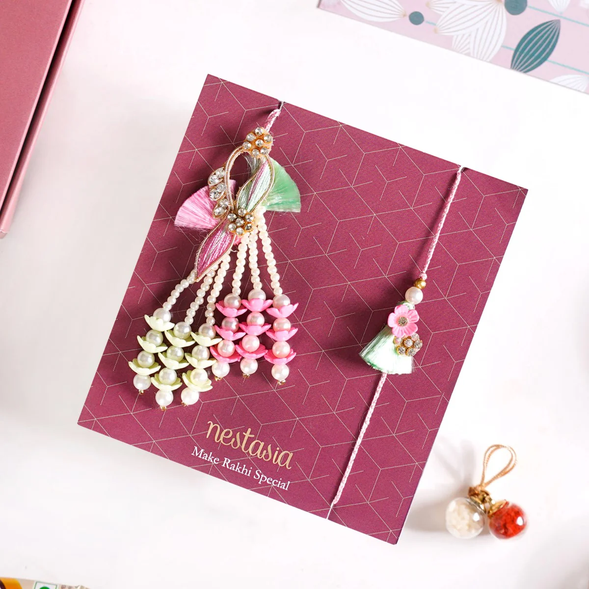 Pastel Floral Couple Rakhi Set Of 4 With Gift Box And Card - Image 2