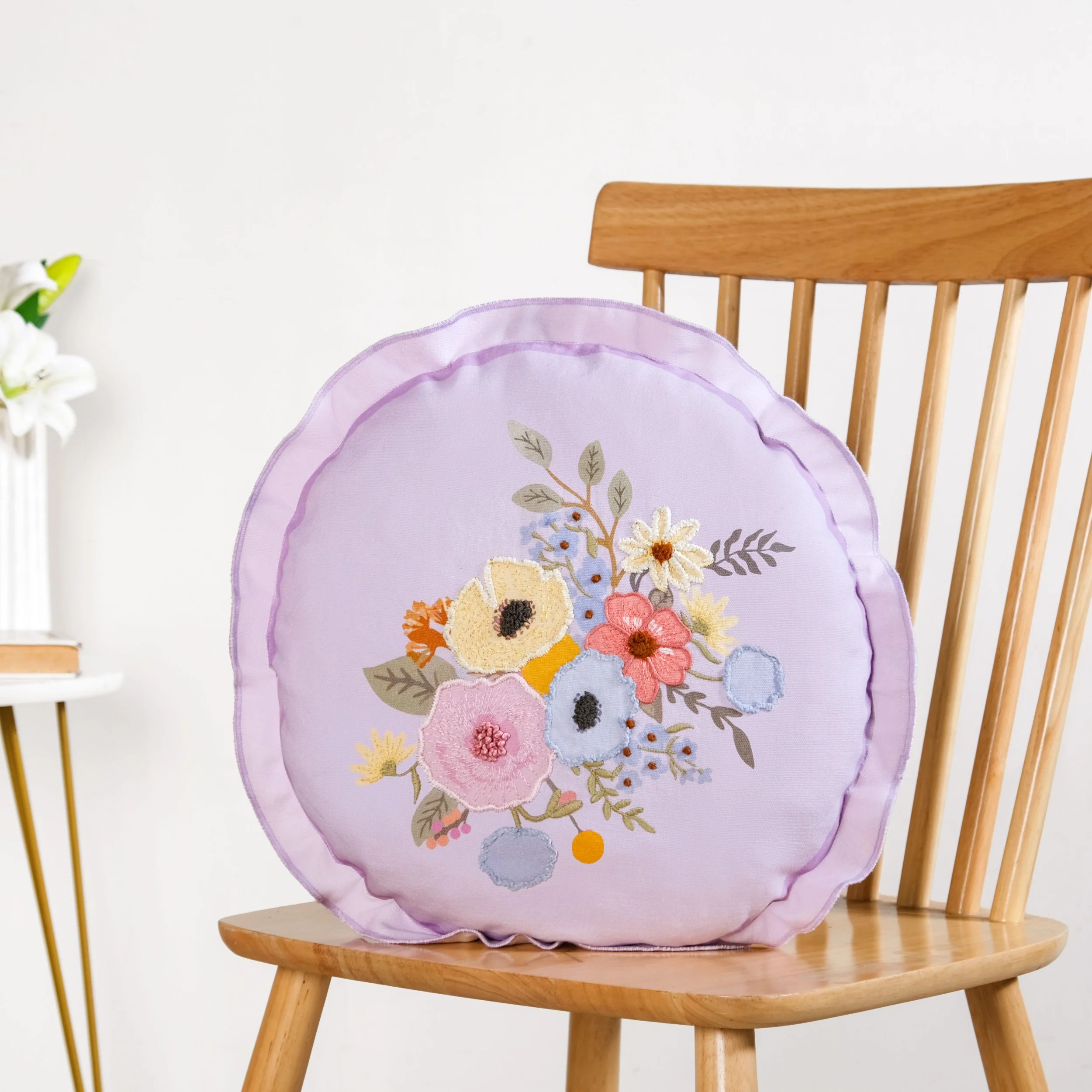 Pastel Petals Embroidered Cotton Cushion Cover 45cm