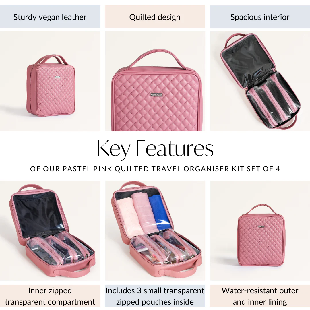 Pastel Pink Quilted Travel Organiser Kit Set Of 4 - Image 5