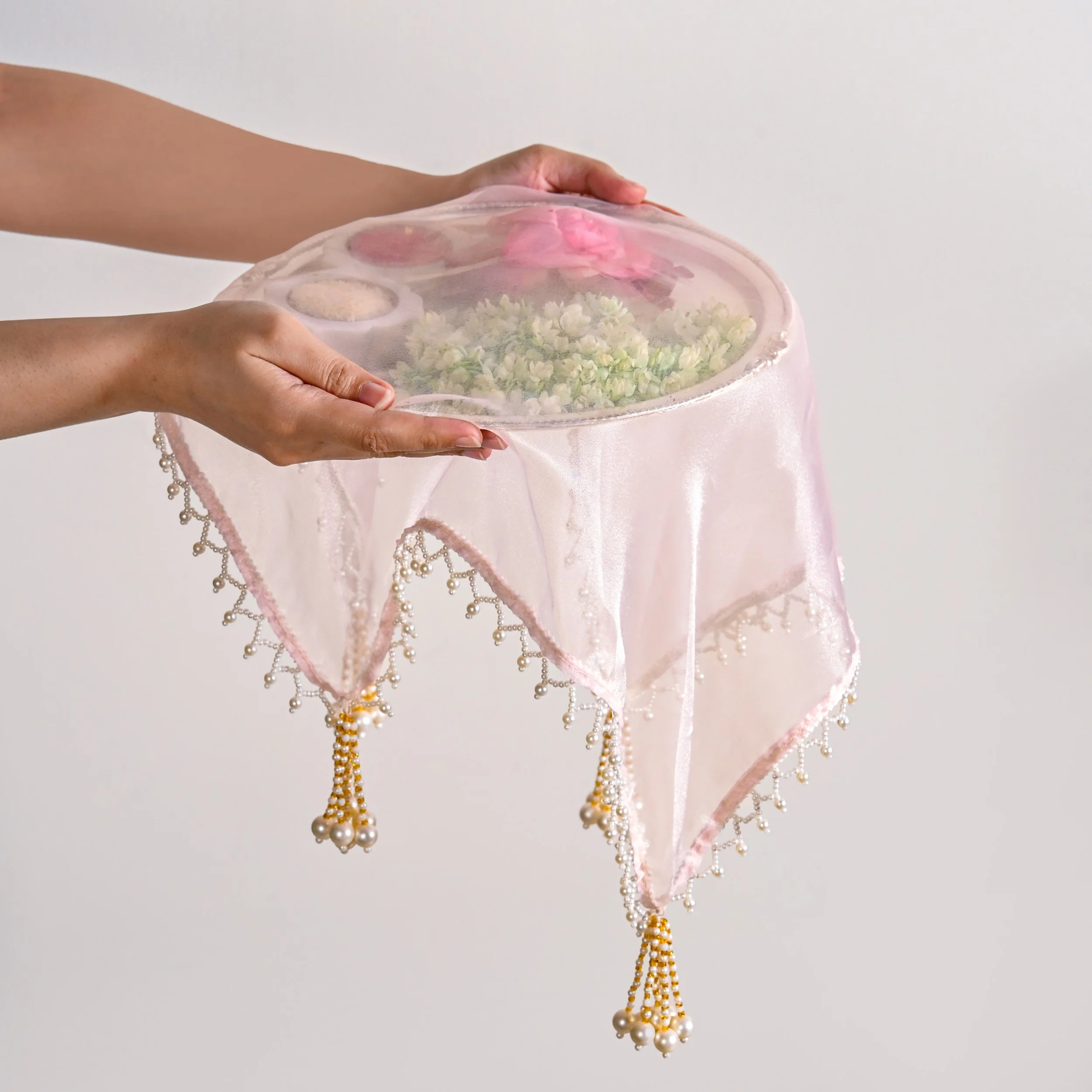 Pastel Pink Tray Cover With Tassels Set Of 2 - Image 2