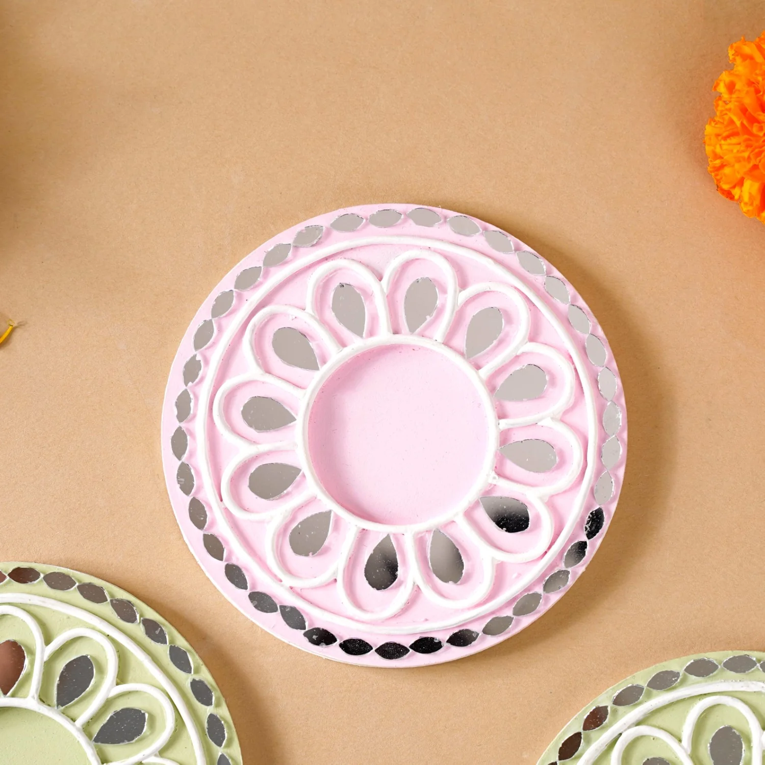 Pastel Tealight Candle Holder With Lippan Art Mirror Work Set Of 4 - Image 7