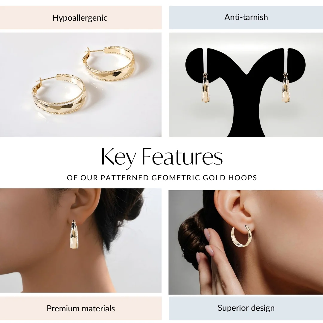 Patterned Geometric Gold Hoops - Image 4