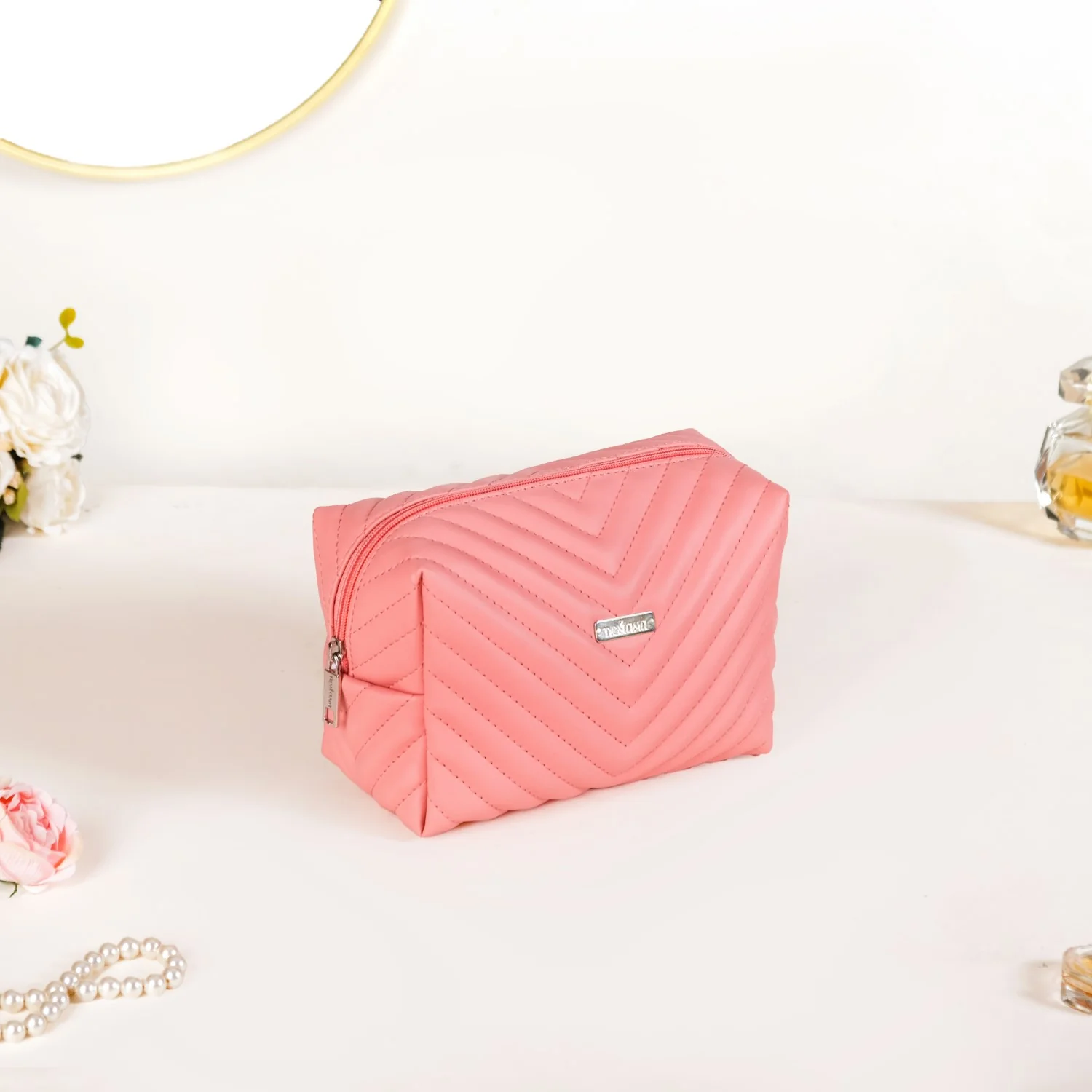 Peach Pink Vegan Leather Makeup Pouch Set Of 2 - Image 6