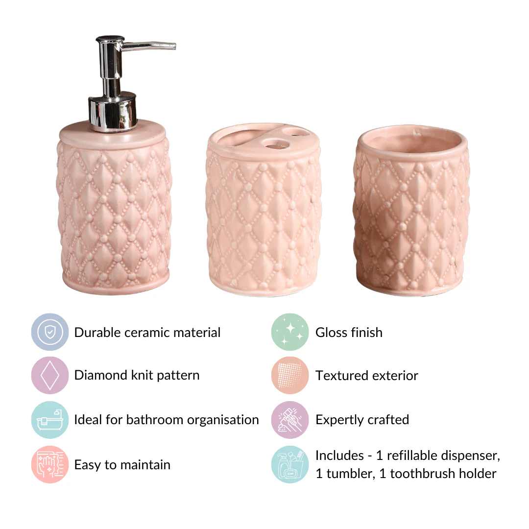Peach Knit Design Ceramic Bathroom Accessories Set Of 3 - Image 4