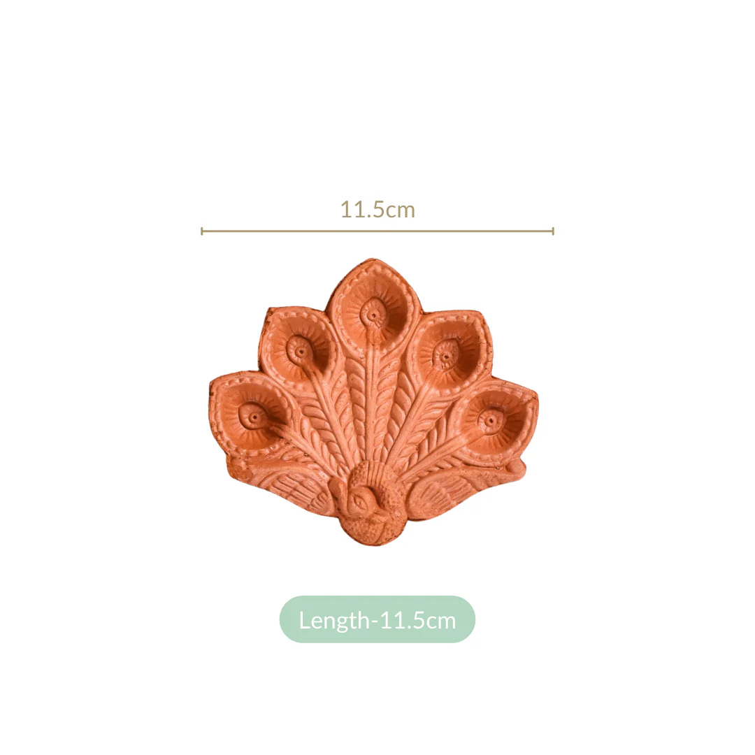 Peacock Feather Engraved Terracotta Diyas Set Of 24 - Image 4