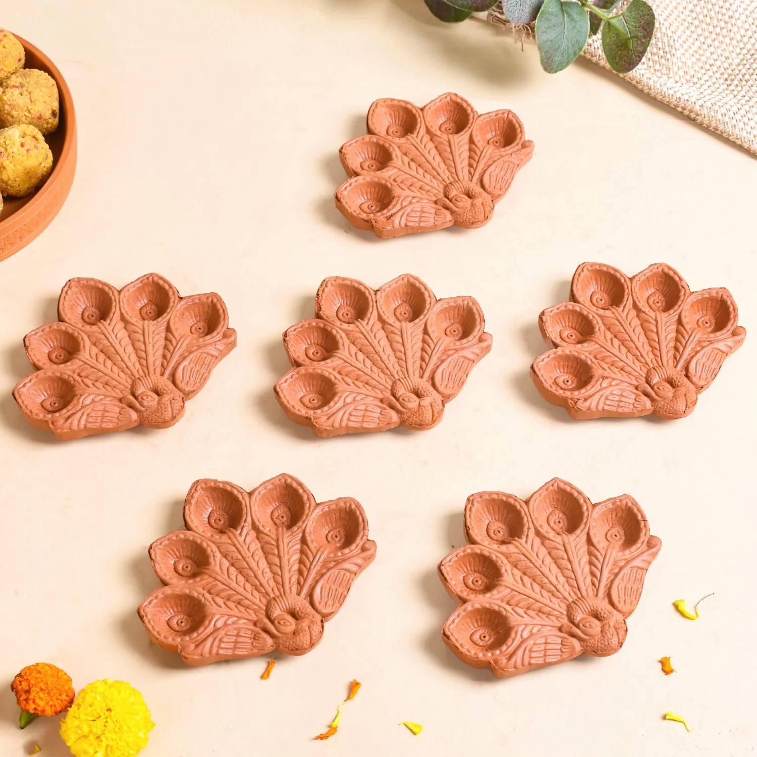 Peacock Feather Engraved Terracotta Diyas Set Of 24 - Image 8