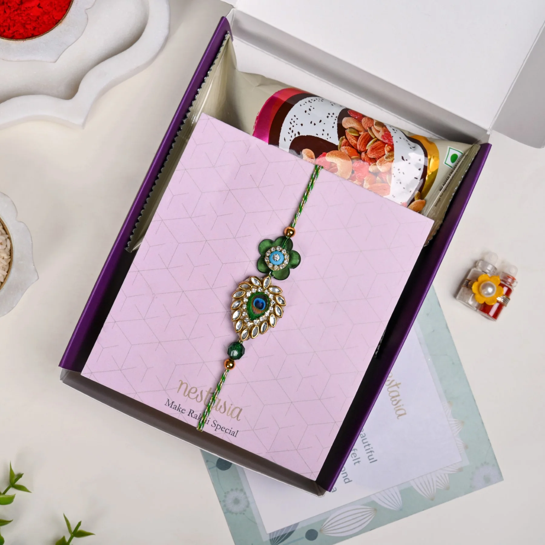 Peacock Kundan Rakhi Gift Set - Image 5