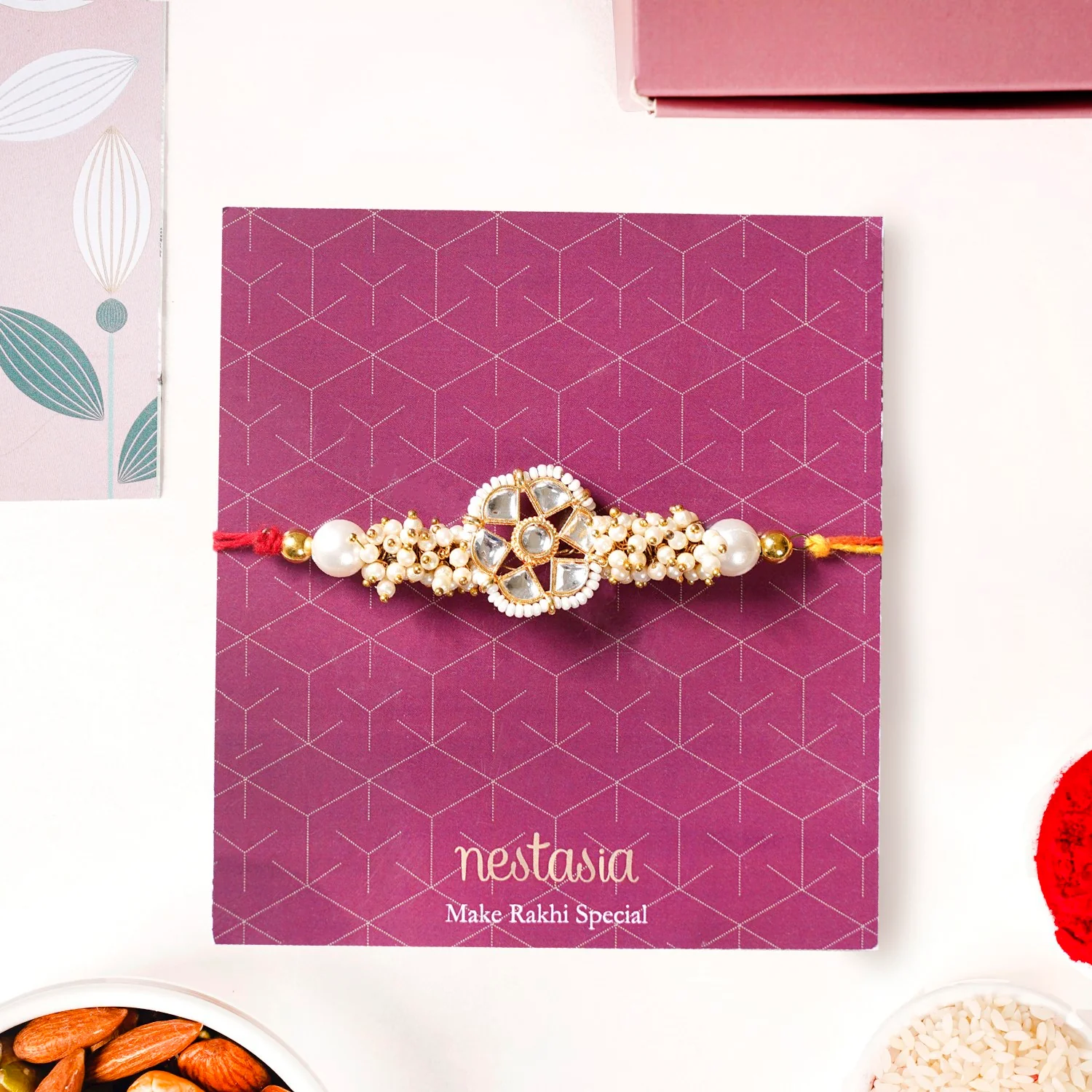 Pearl And Kundan Rakhi Gift Hamper For Brother - Image 4