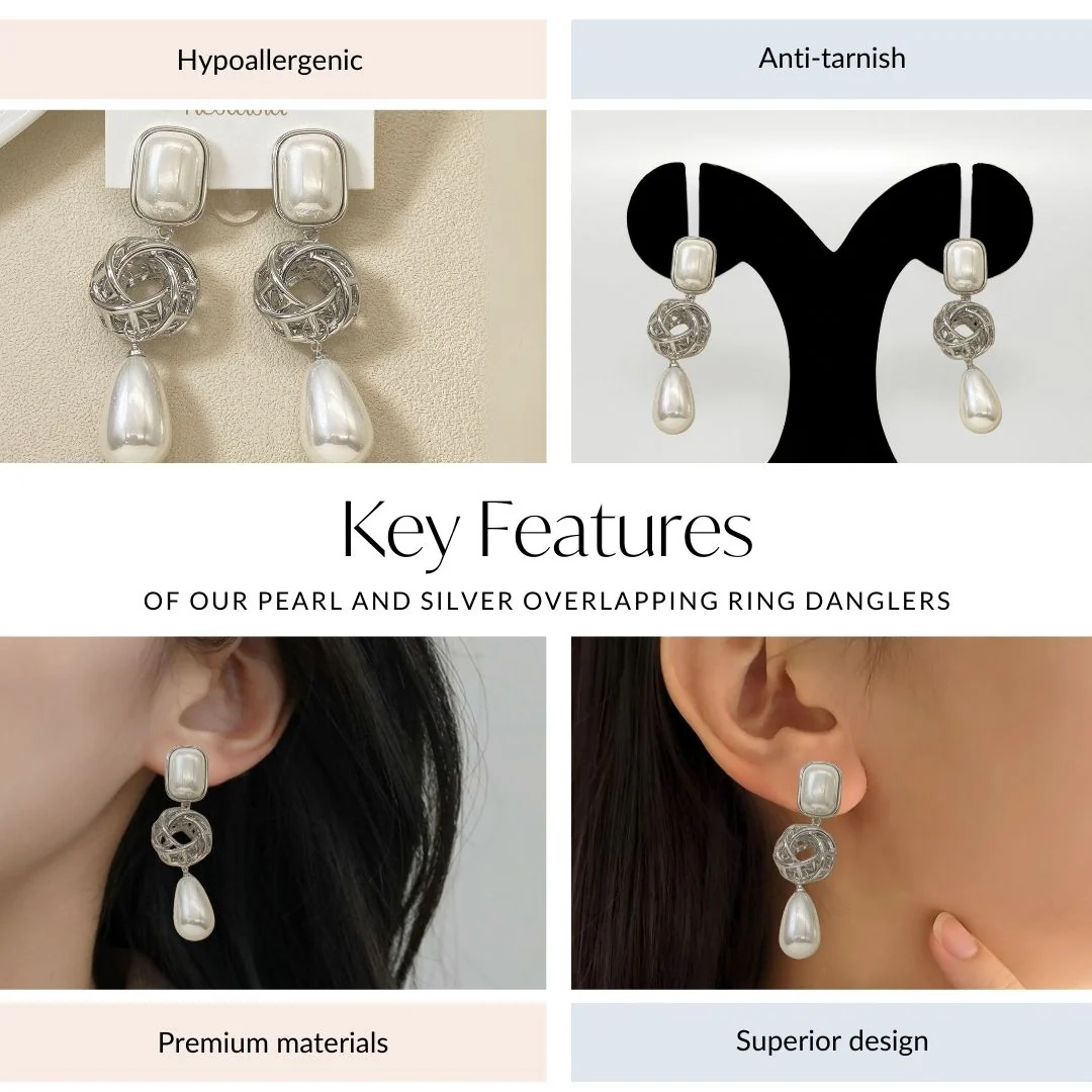 Pearl And Silver Overlapping Ring Danglers - Image 4