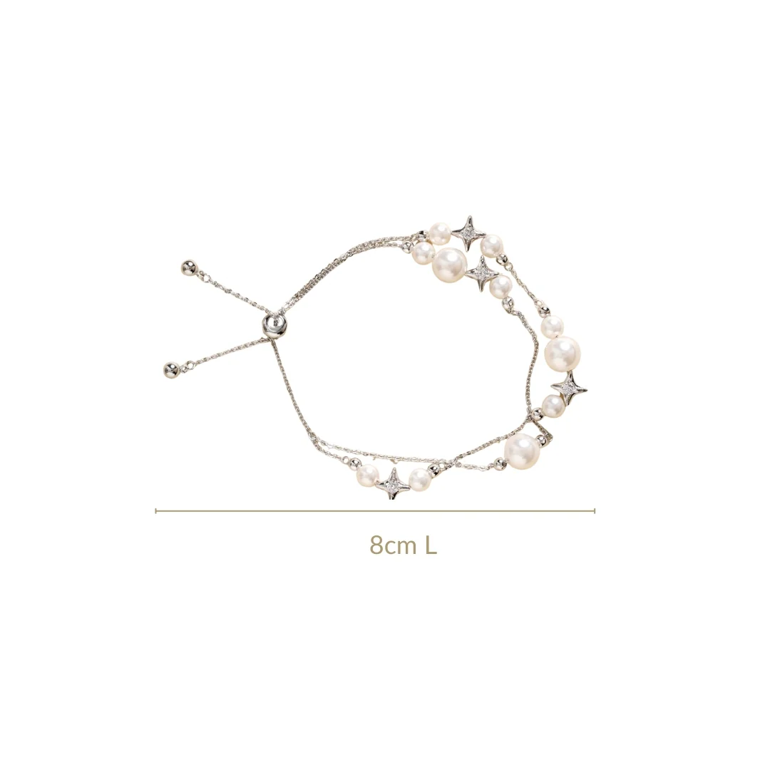 Pearls And Stars Double String Silver Bracelet - Image 3