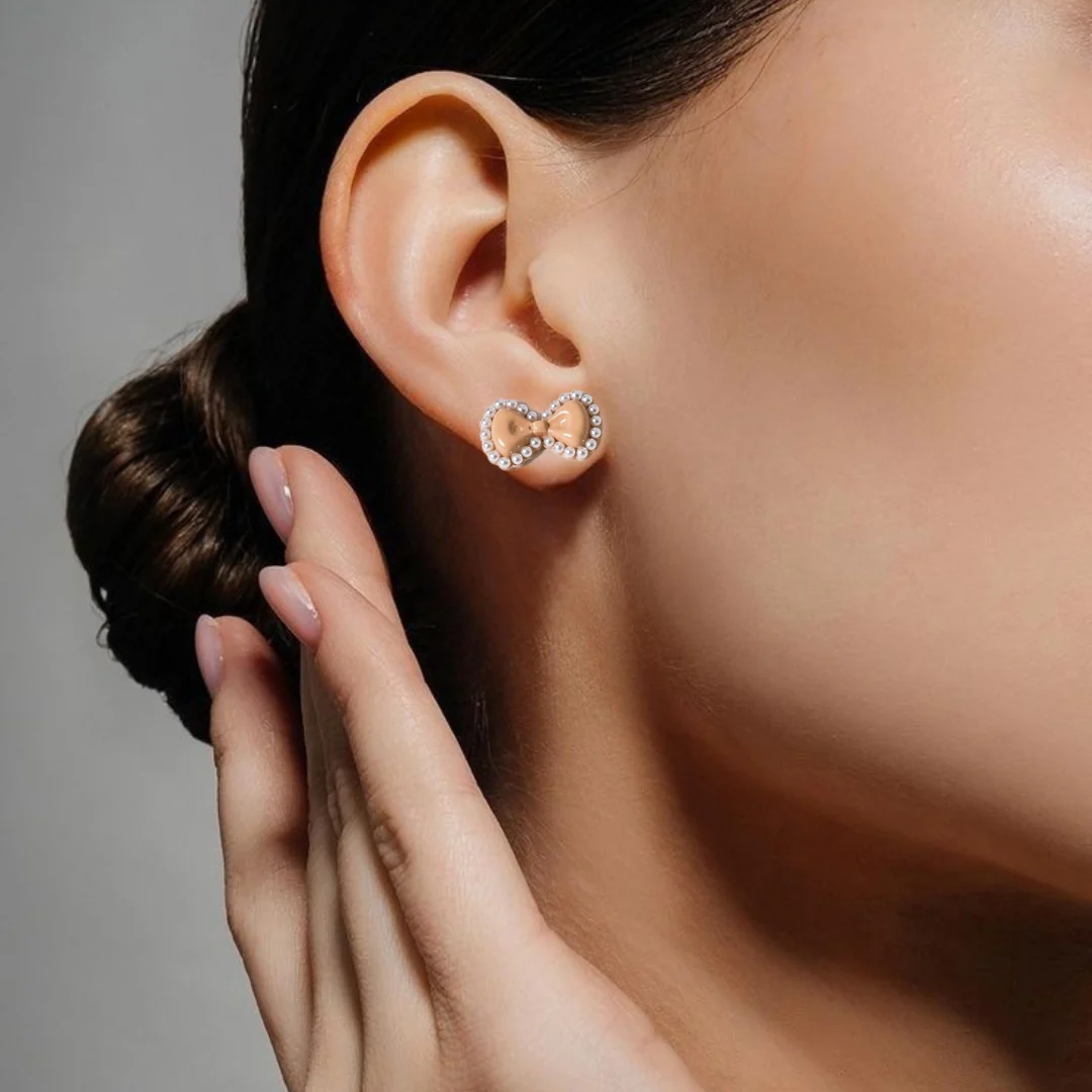 Pearly Bow Dainty Stud Earrings - Image 2